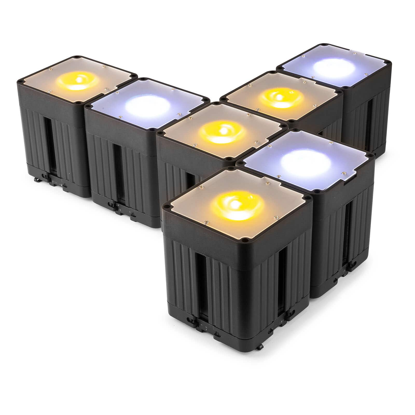 Siete luces LED negras dispuestas en forma de 'Y' con luces amarillas y blancas encima.