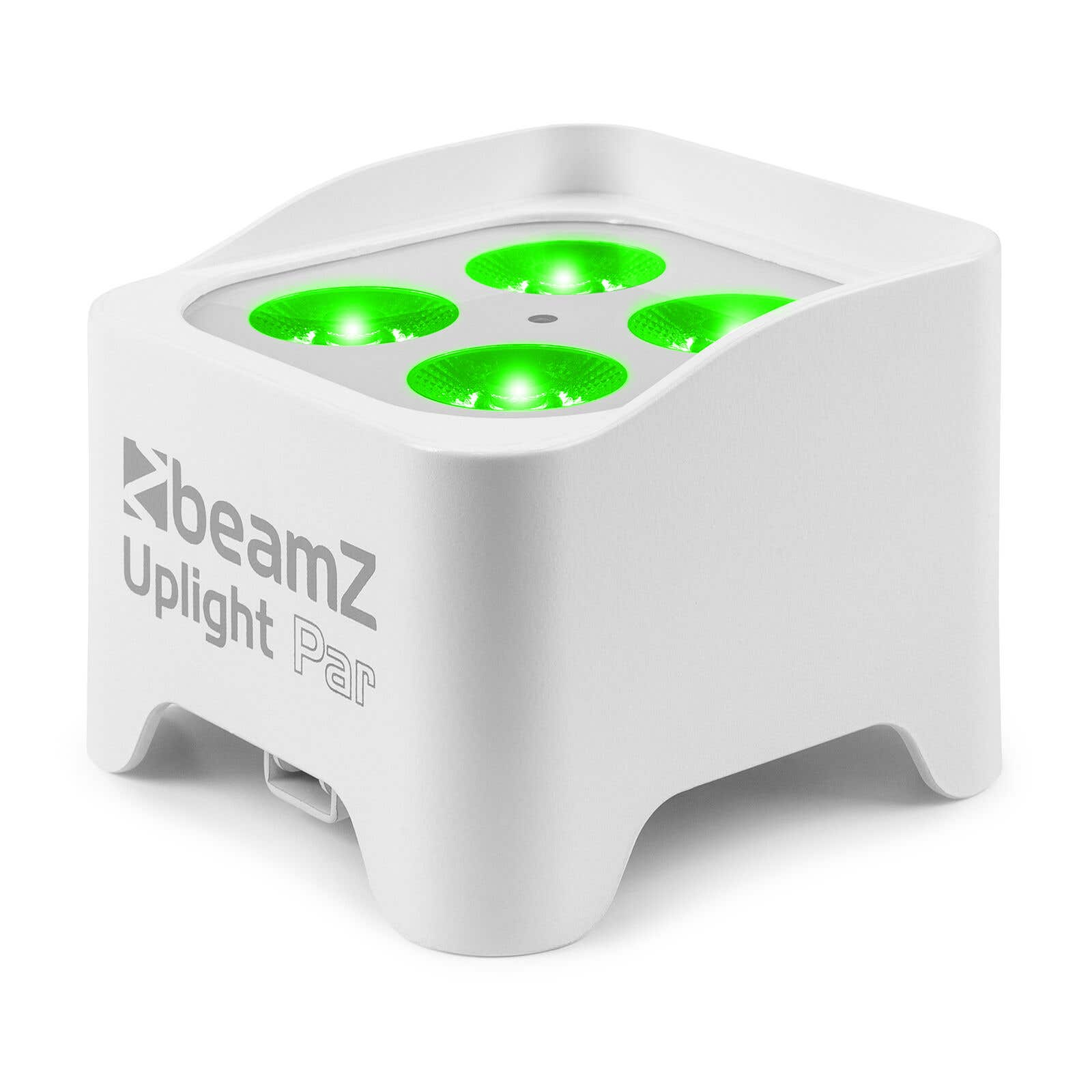 BeamZ Uplight Par blanco con cuatro luces verdes. La marca es visible en el lateral.
