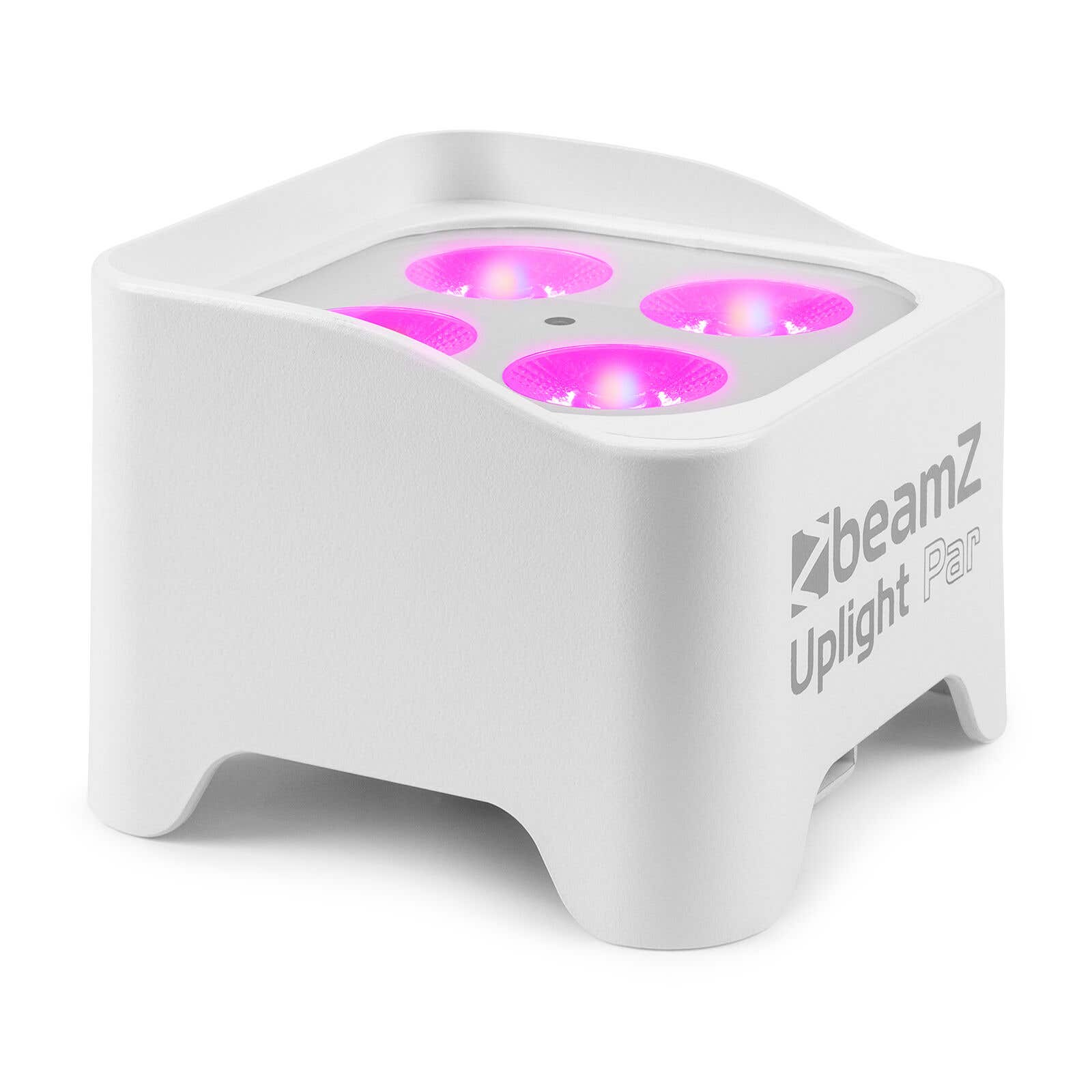 Par de luz ascendente blanco con cuatro luces rosas. Texto 'beamZ Uplight Par' en el lado.