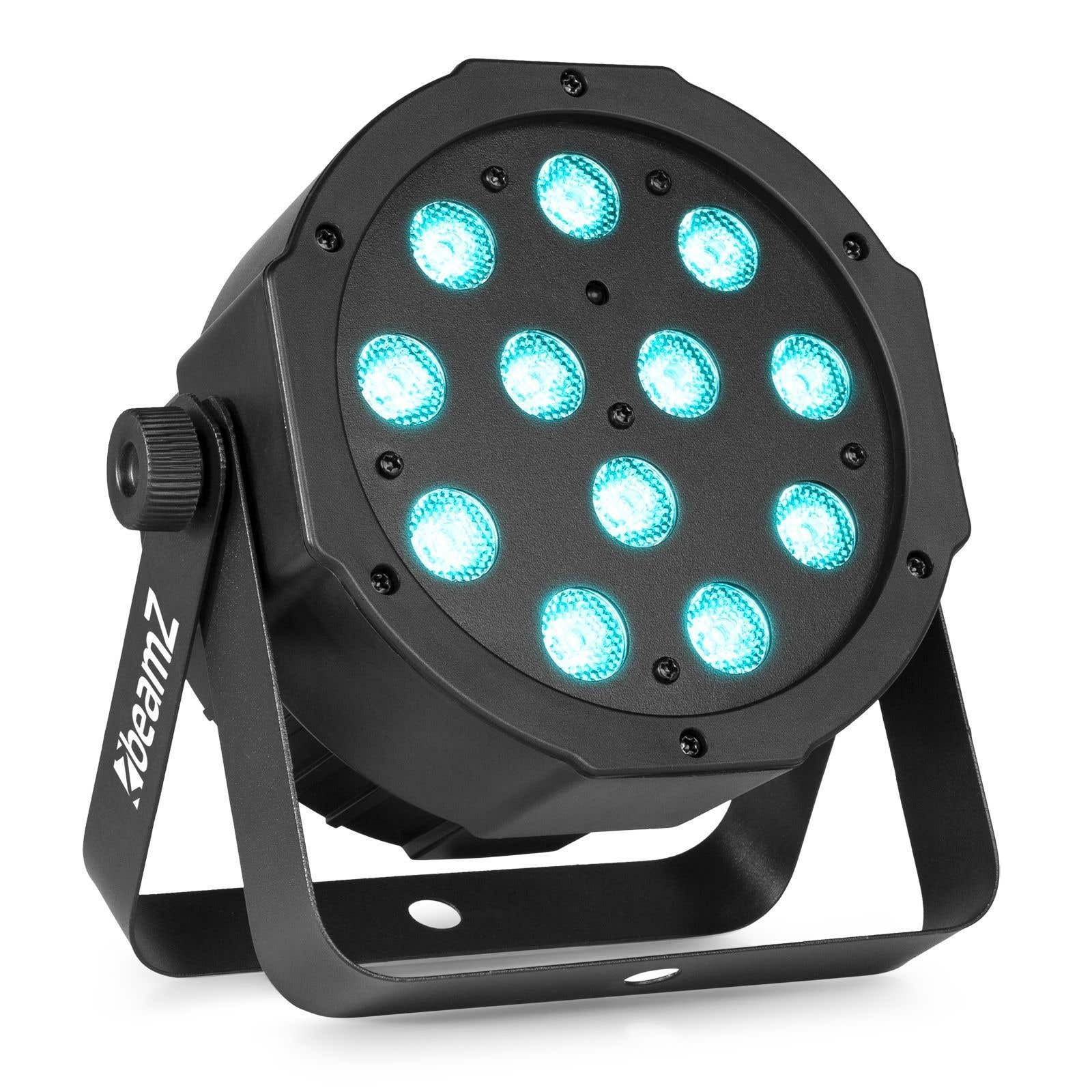 Foco de escenario negro con nueve LED azules. Tiene un soporte y la marca beamz.