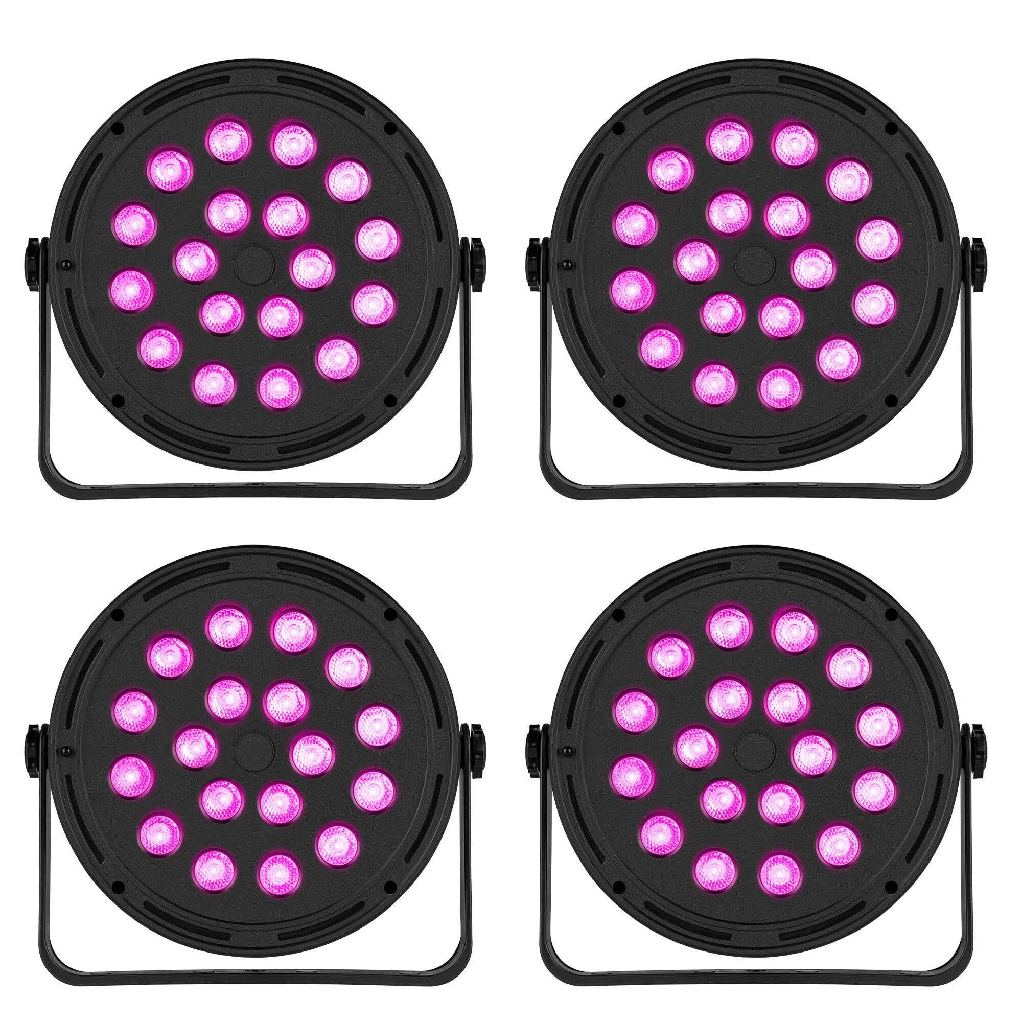 Cuatro luces de escenario negras, cada una con LED rosas. Cada luz es circular con asa. Fondo blanco.