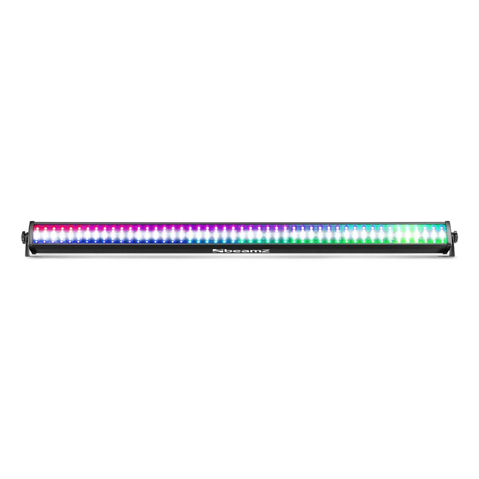 Una barra de luz negra con múltiples LED de colores. La marca Beamz es visible en la barra.