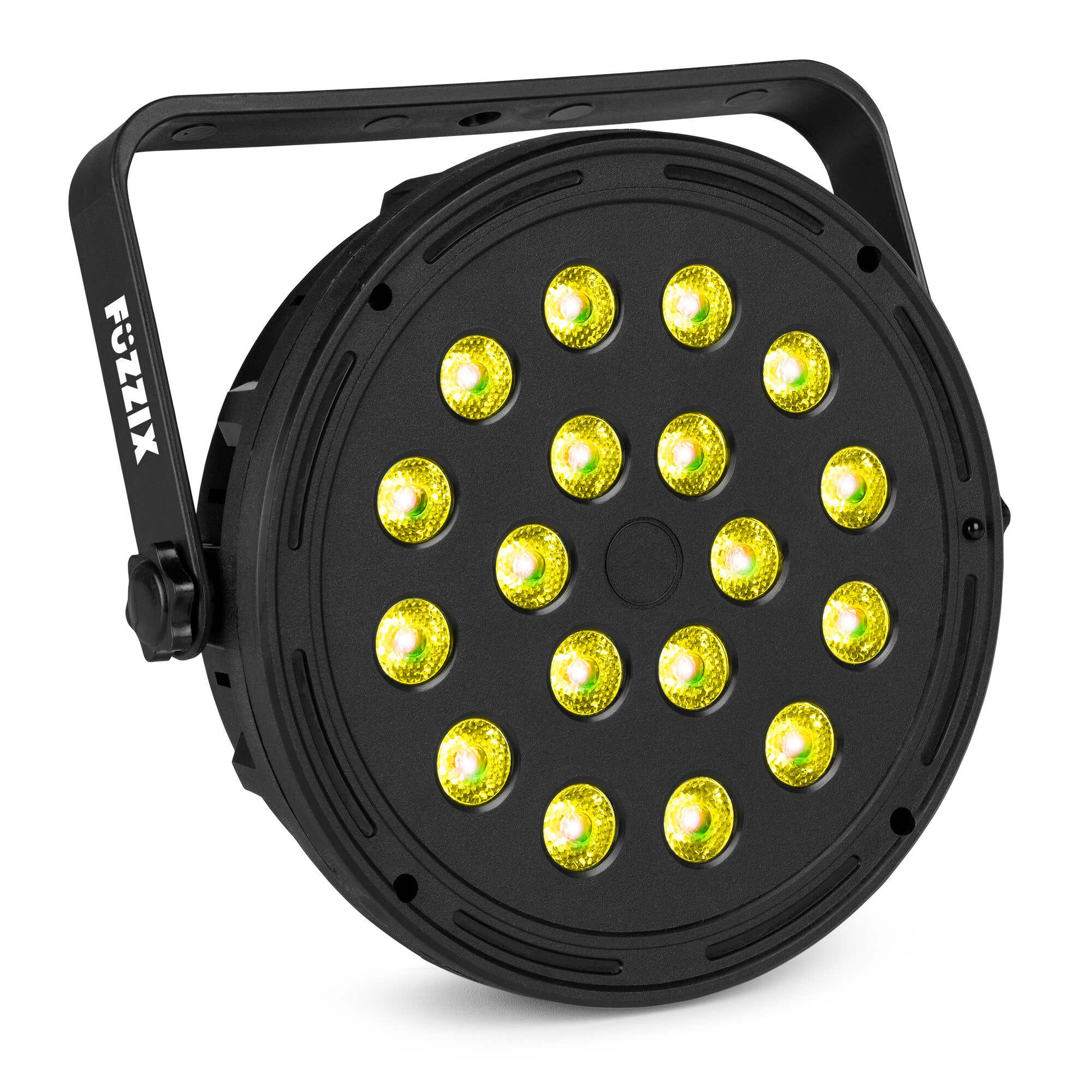 Luz de escenario negra con 19 LED amarillos brillantes. La marca es FIZZIX. Tiene un asa.