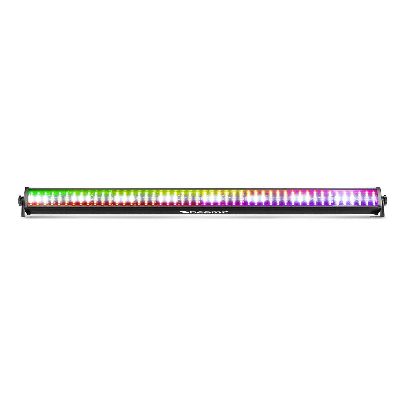 Una barra de luces LED Beamz con un degradado de colores de verde a morado. El fondo es blanco.