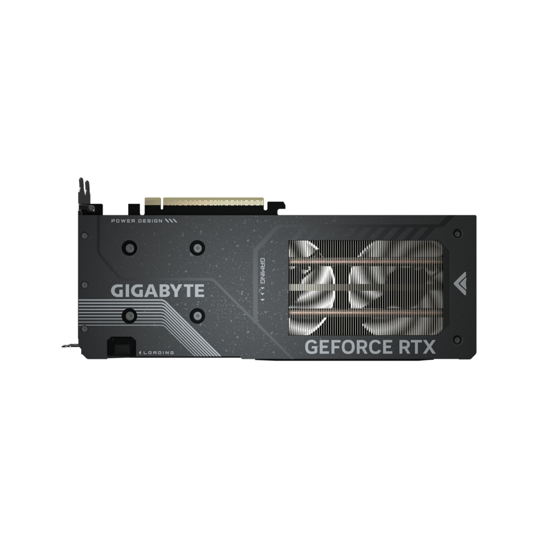 Karta graficzna Gigabyte GeForce RTX. Ma wentylatory i jest czarno-szara. Tekst 'GIGABYTE' znajduje się na karcie.