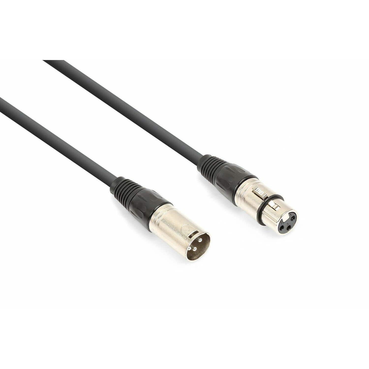 Dos cables XLR negros con conectores plateados sobre fondo blanco. Un conector tiene tres pines, el otro tres agujeros.
