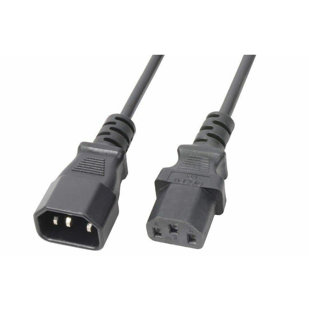 Dos cables de alimentación negros con conectores hembra. Cada uno tiene tres orificios para pines. El fondo es blanco.