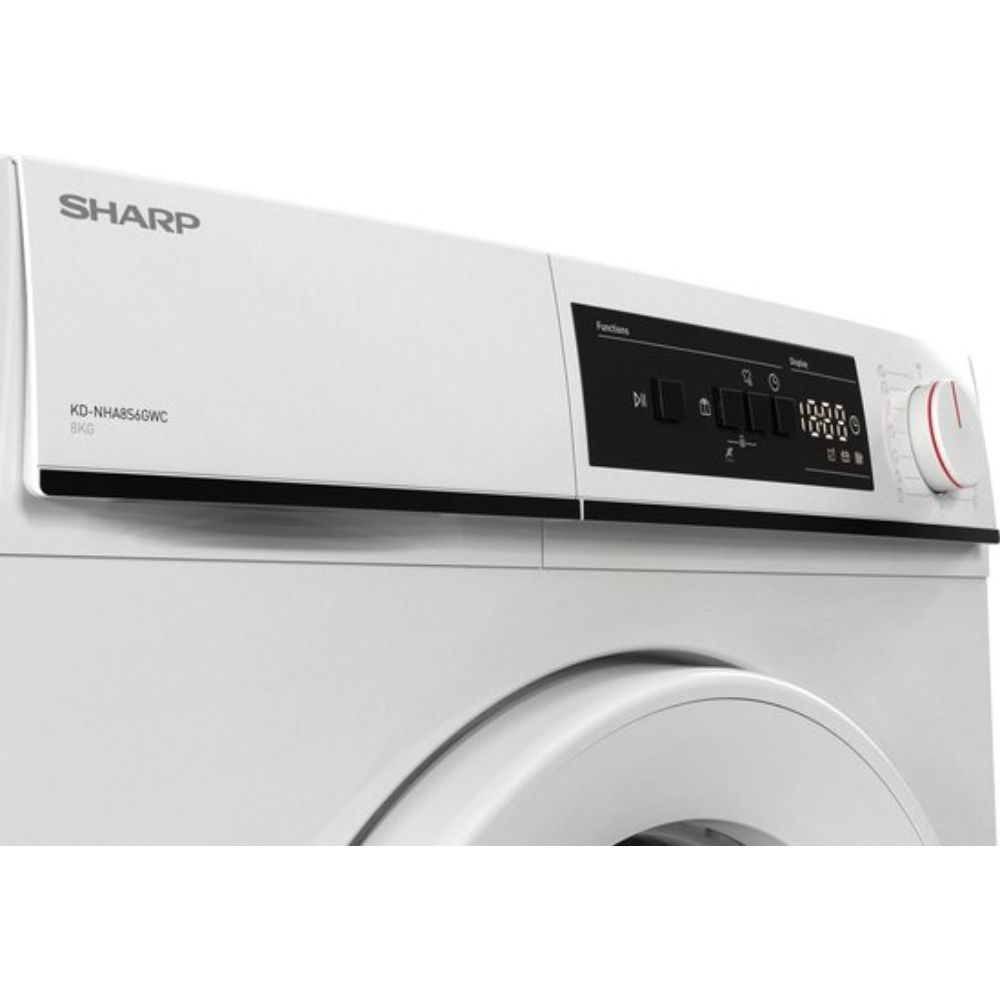 A white Sharp washing machine. It has a black control panel with buttons and a digital display. A white dial is on the right.