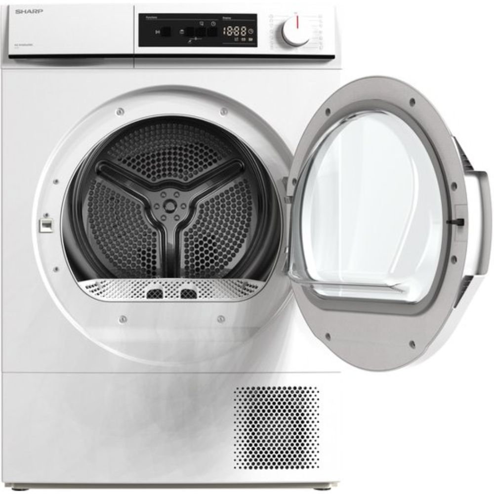 A white Sharp dryer with an open door. The drum is visible, with a mesh filter. The control panel displays numbers.