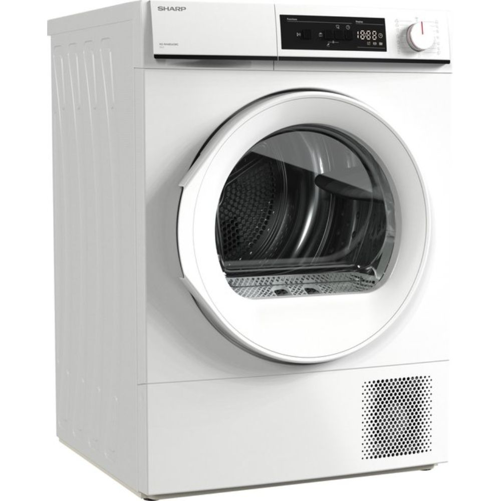 A white Sharp dryer. It has a round door and a digital display. The machine is on a white surface.