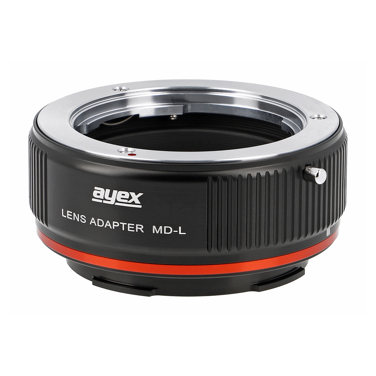 Ein schwarzer Objektivadapter mit silbernen Zierleisten. Er trägt den Markennamen 'ayex' und den Text 'LENS ADAPTER MD-L'. Auf weißem Hintergrund.