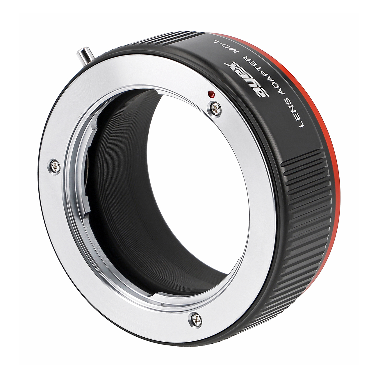 Ein schwarzer und silberner Objektivadapter. Er hat rote Akzente und den Text "LENS ADAPTER MD-L". Schrauben sind sichtbar.