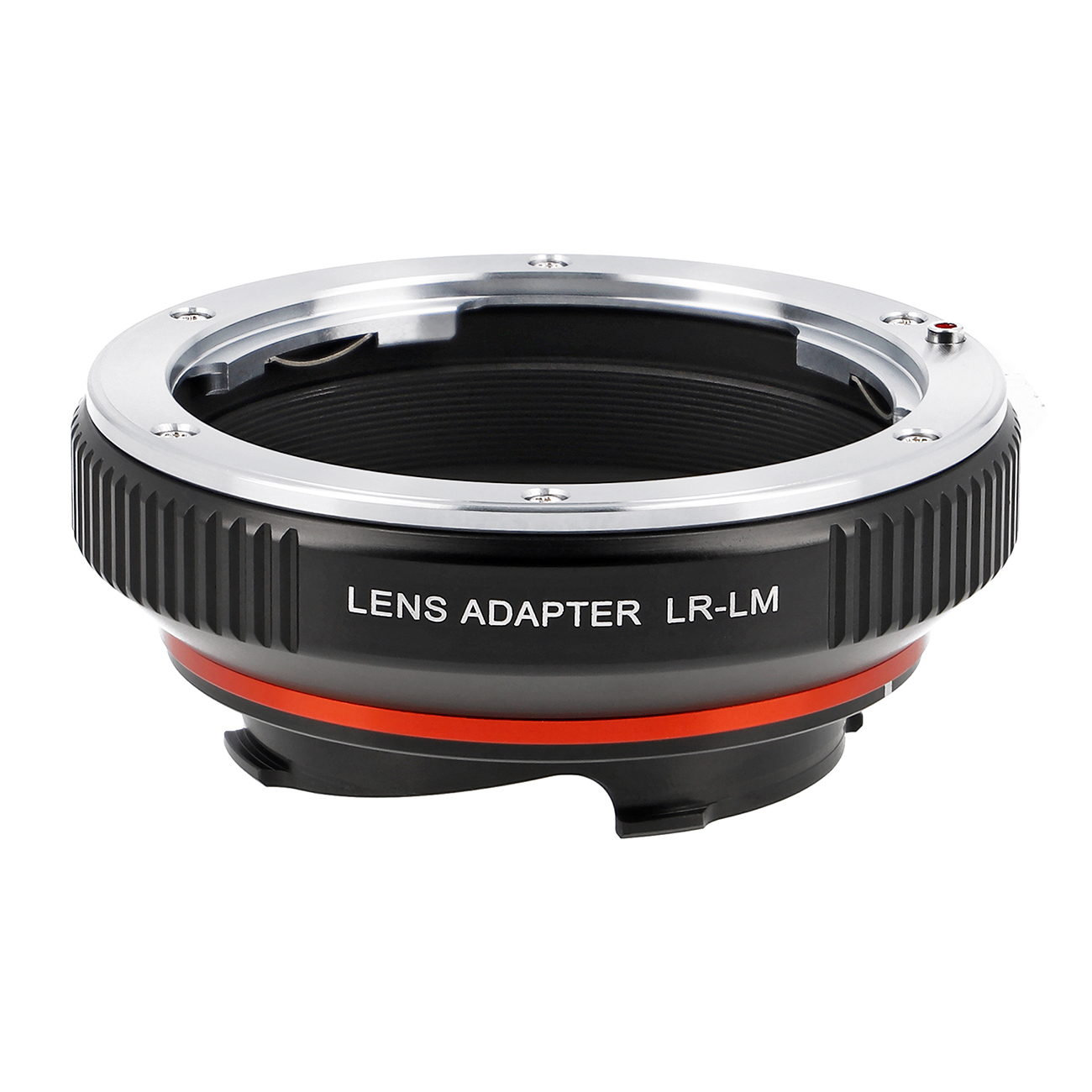 Ein schwarzer Objektivadapter mit silbernem Ring. Er trägt den Text 'LENS ADAPTER LR-LM' und einen roten Streifen. Isoliert auf weißem Hintergrund.