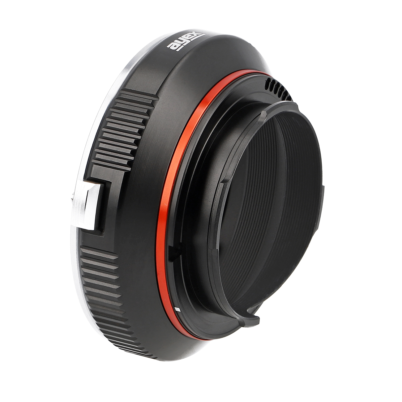 Ein schwarzer Objektivadapter mit rotem Ring, silbernen Akzenten und dem Markennamen 'ayex' auf weißem Hintergrund.