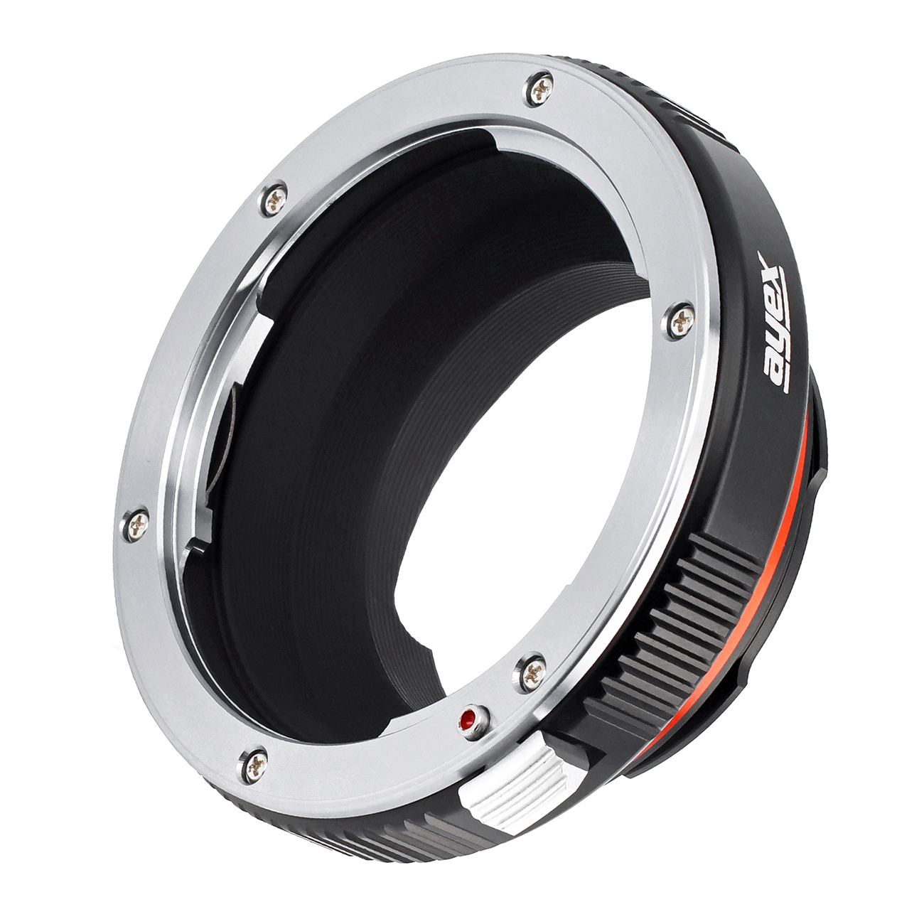 Ein Metall-Objektivadapter mit silbernen und schwarzen Teilen. Er hat Schrauben, einen roten Punkt und den Markennamen 'ayex'.