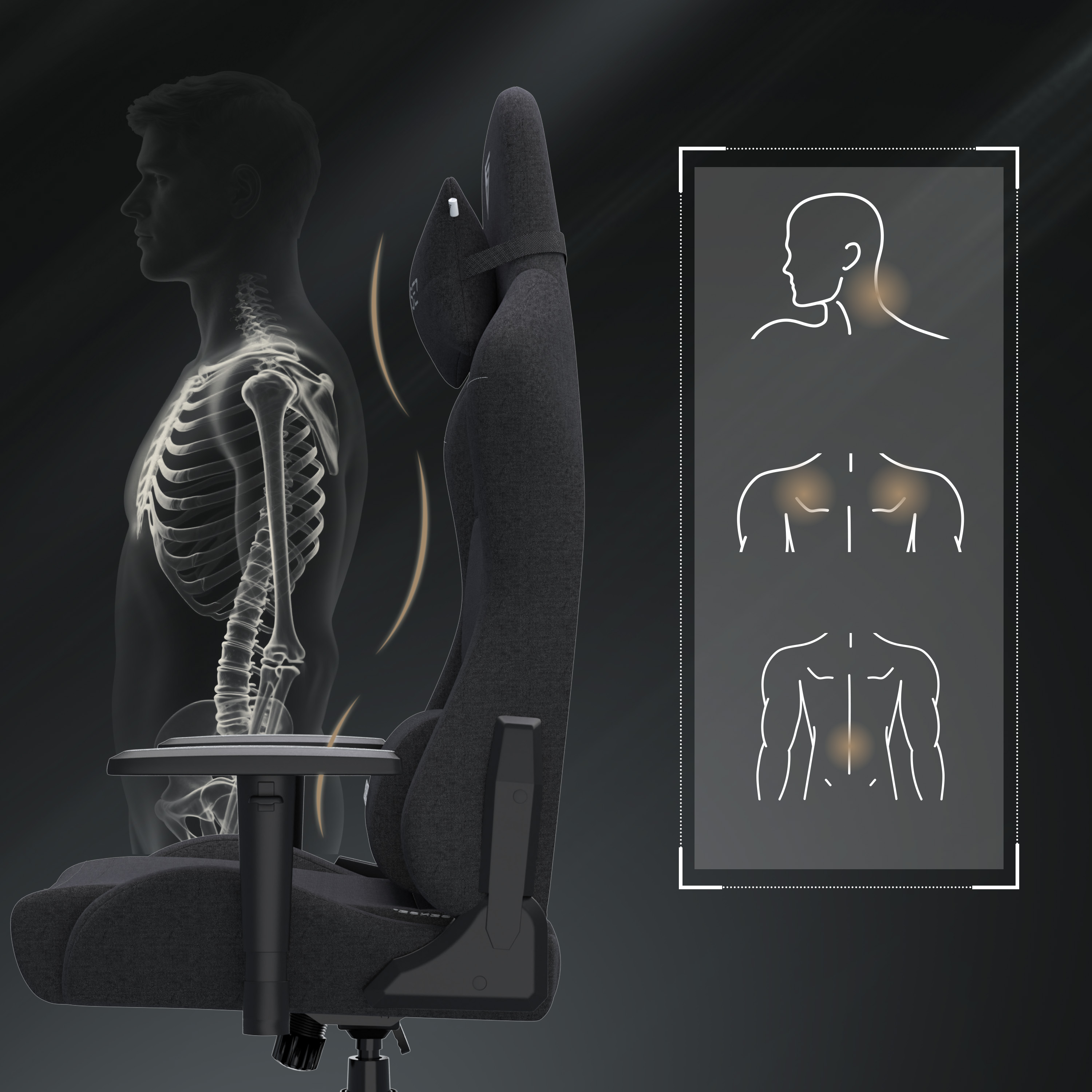 Anatomie der Wirbelsäule und ein Gaming-Stuhl. Umrisse von Schmerzpunkten am Rücken. Schwarzer Hintergrund.