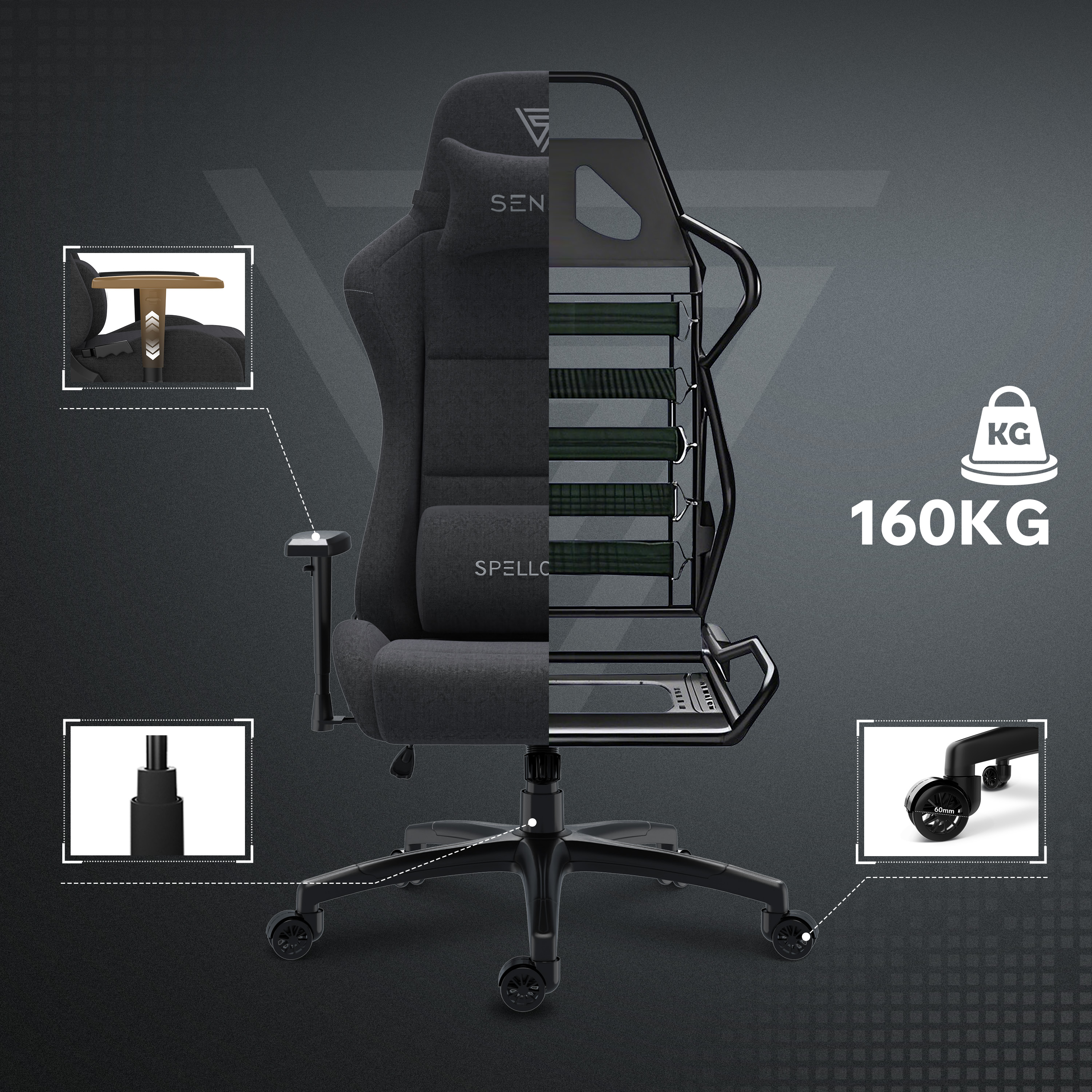 Ein Gaming-Stuhl mit geteiltem Design. Zu den Merkmalen gehören Armlehnen-Details, Nahaufnahme der Räder und 160 kg Tragfähigkeit.