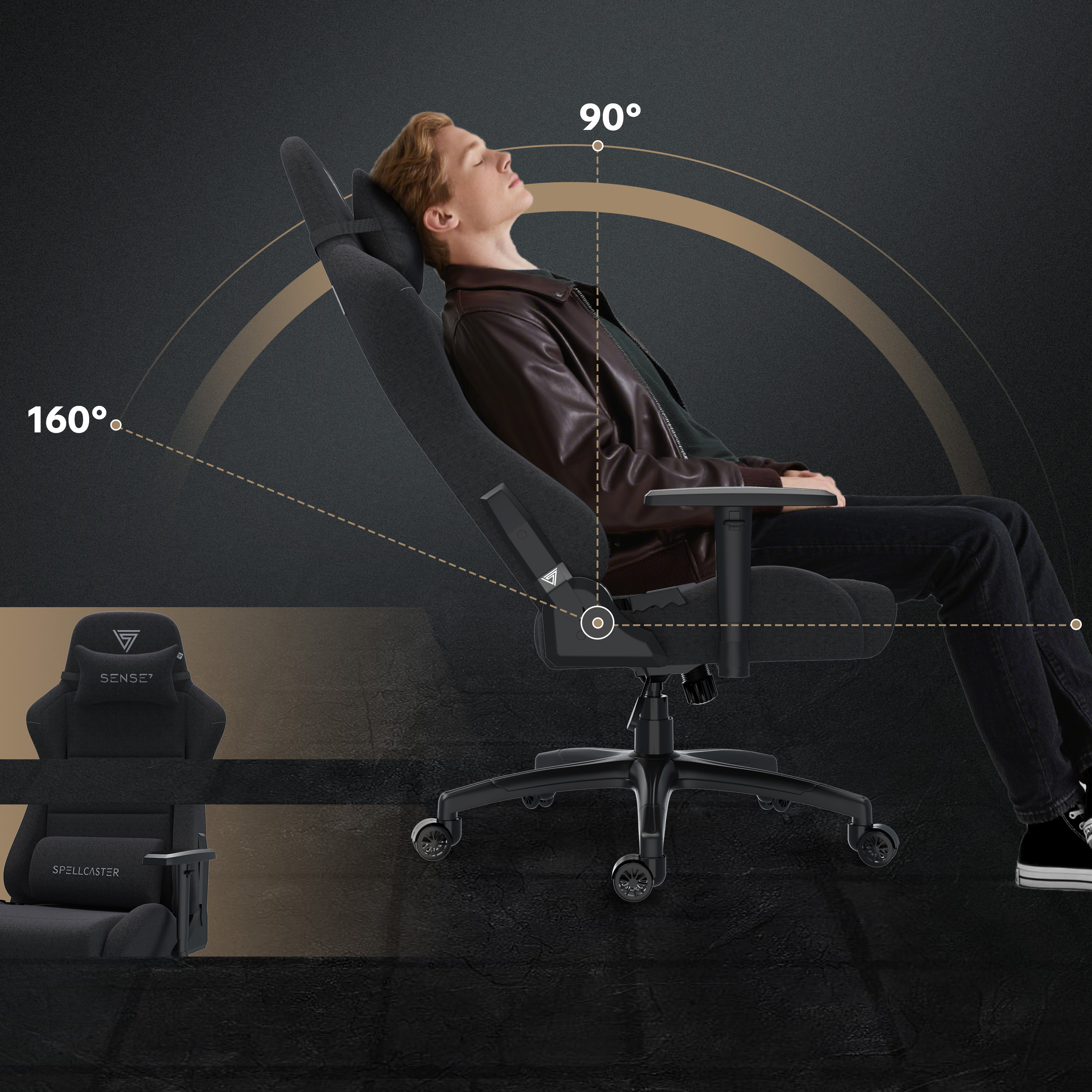 Ein Mann in einer braunen Jacke liegt in einem schwarzen Gaming-Stuhl, mit Winkeln von 90 und 160 Grad.