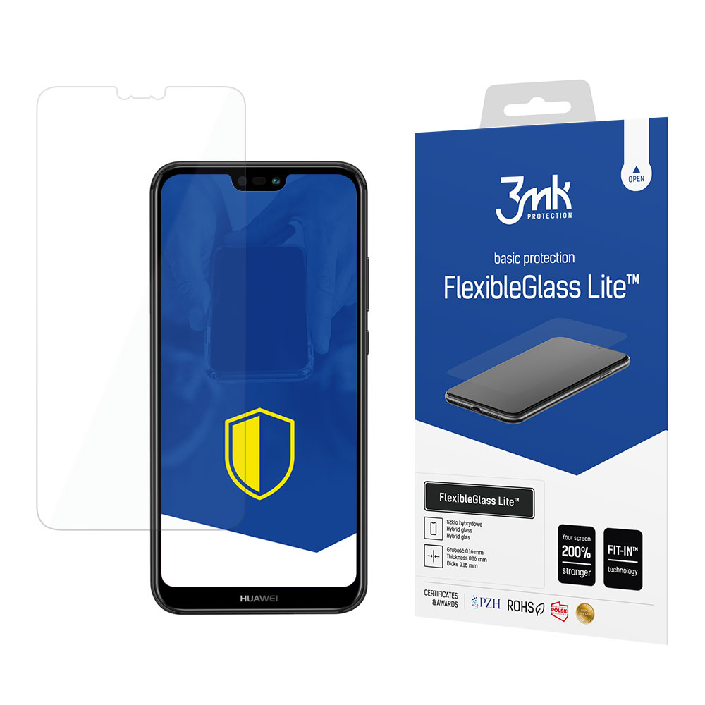 Un telefono con protezione schermo, una scatola con la scritta FlexibleGlass Lite e una protezione schermo separata.