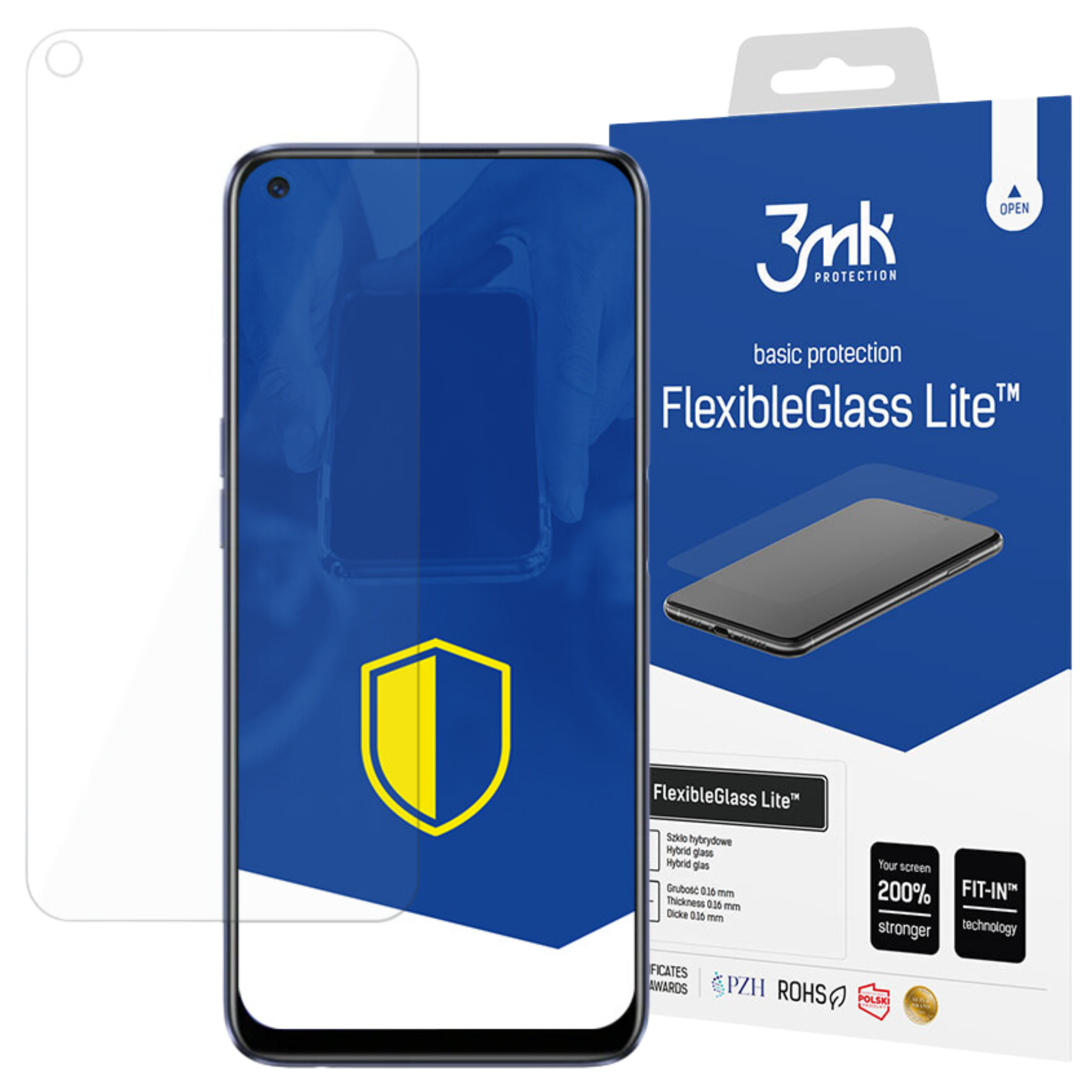 Un telefono con protezione schermo e una scatola di 'FlexibleGlass Lite'. La scatola è blu e bianca.