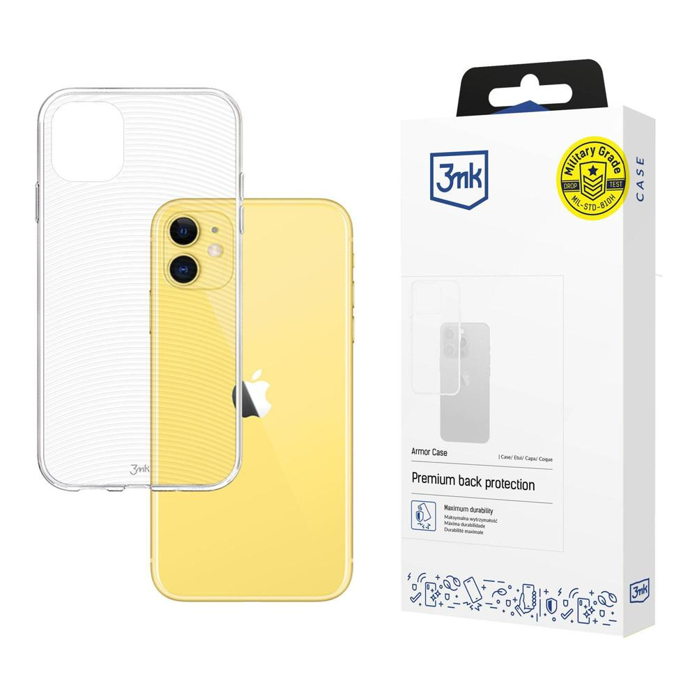 iPhone i etui na białym tle. Telefon jest żółty, etui przezroczyste, a opakowanie białe.