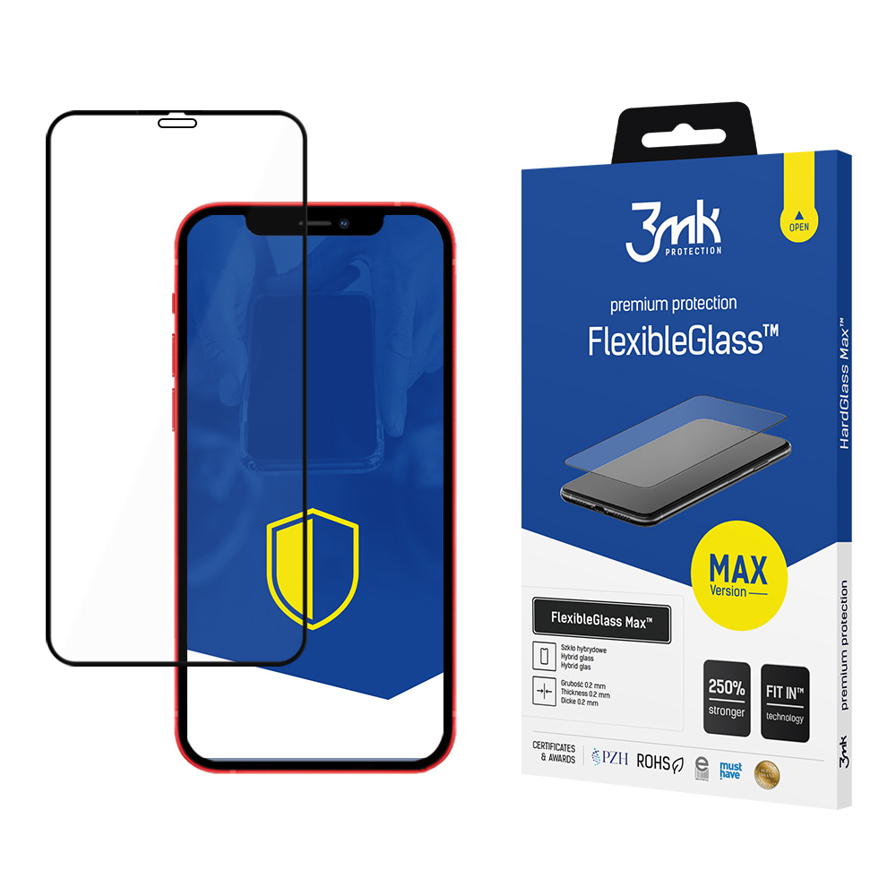 Un telefono con una protezione per lo schermo accanto a una scatola. La scatola pubblicizza FlexibleGlass Max. Lo schermo del telefono mostra uno scudo giallo.