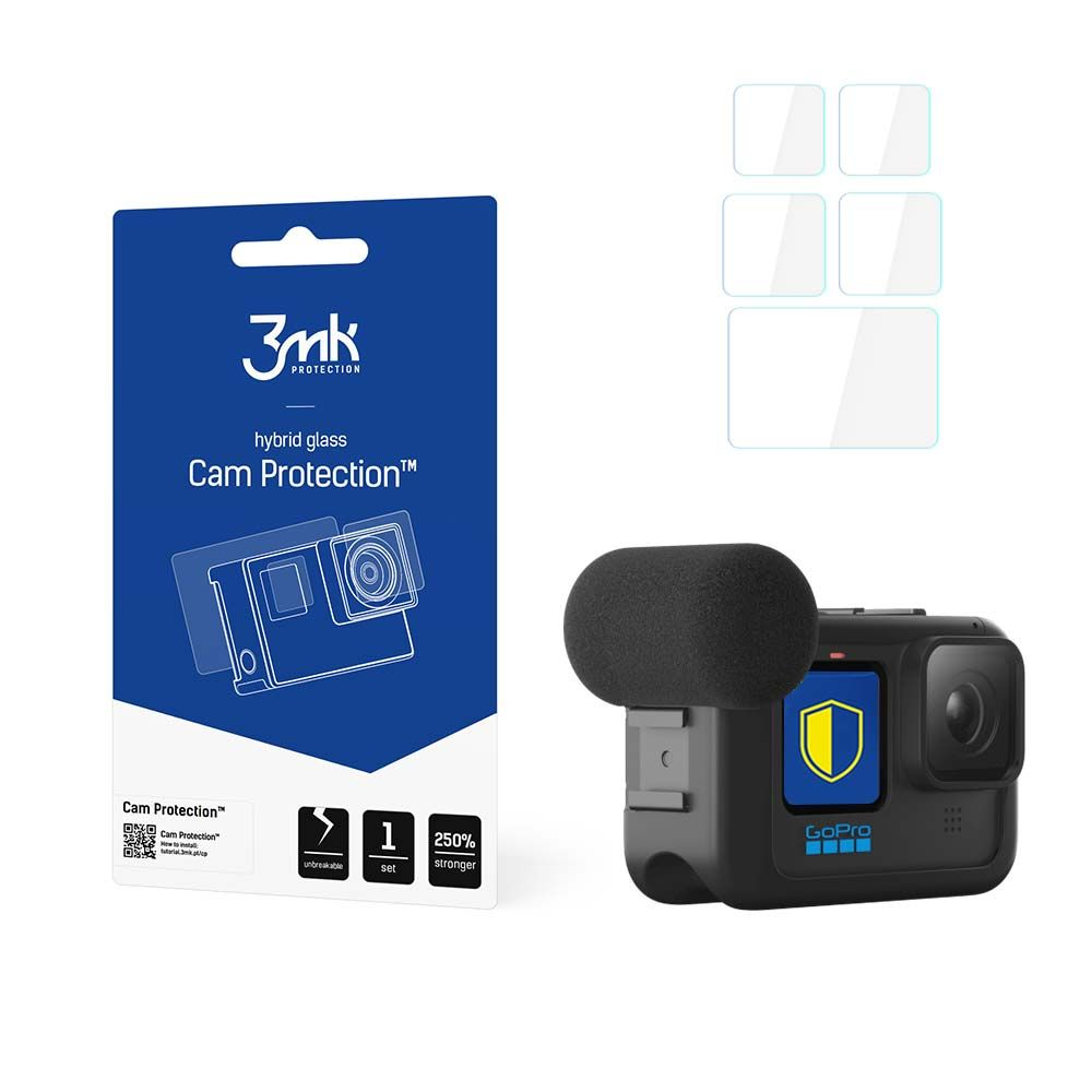 Ein Produktbild zeigt eine GoPro-Kamera mit Zubehör, Displayschutzfolien und einer blauen Verpackung mit der Aufschrift 'Cam Protection'.