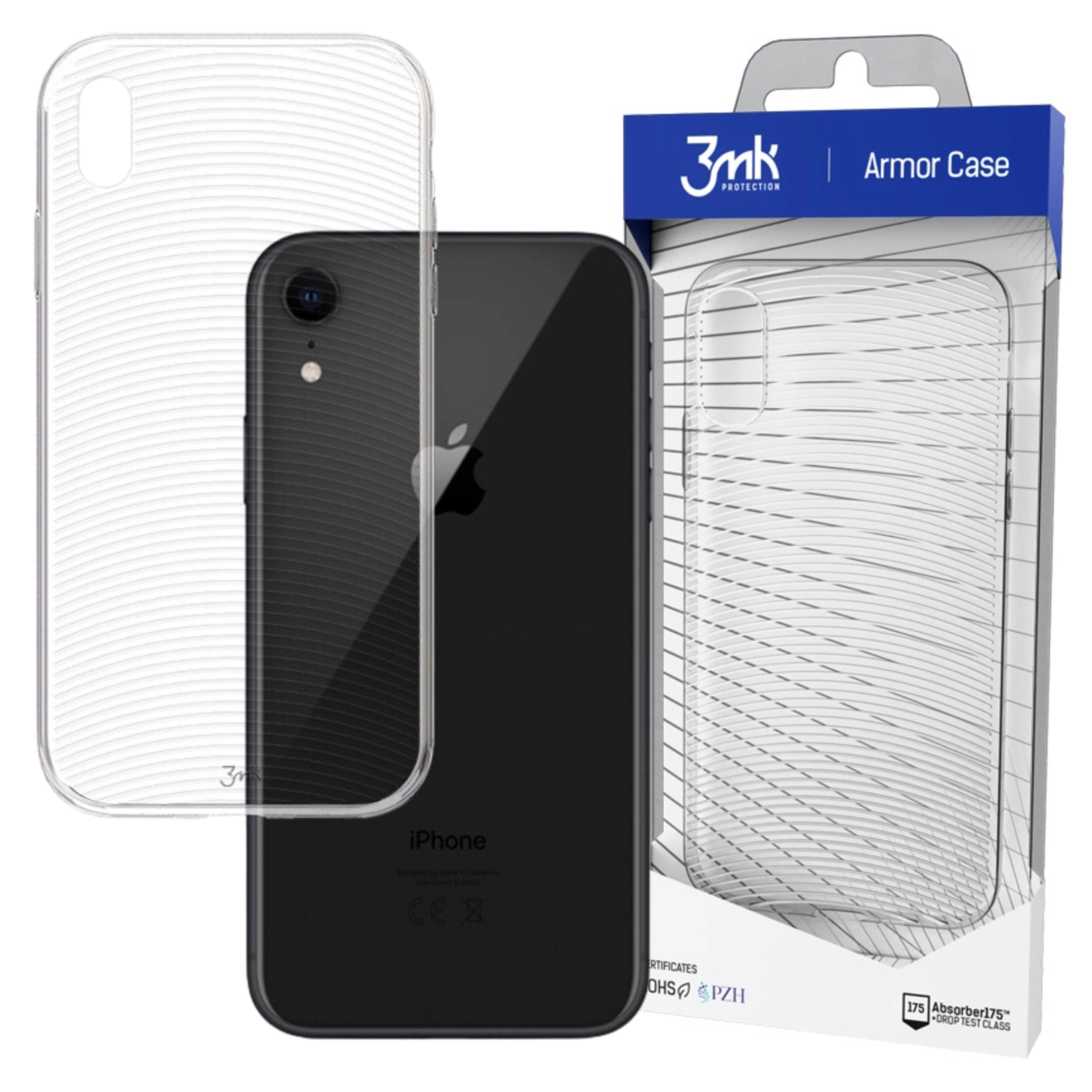 Czarny iPhone z przezroczystym etui. Po lewej stronie drugie przezroczyste etui. Opakowanie po prawej stronie.