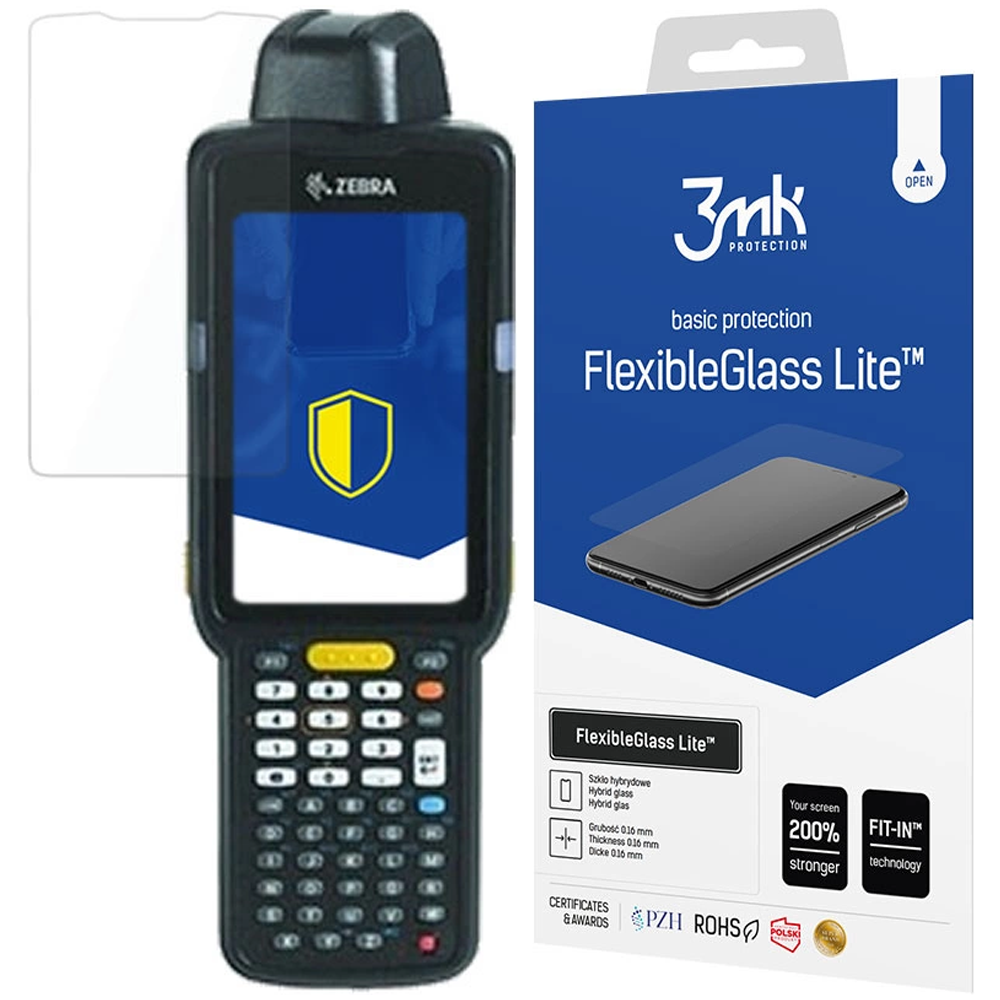 Uno scanner di codici a barre con protezione schermo e una scatola 3mk FlexibleGlass Lite su sfondo bianco.