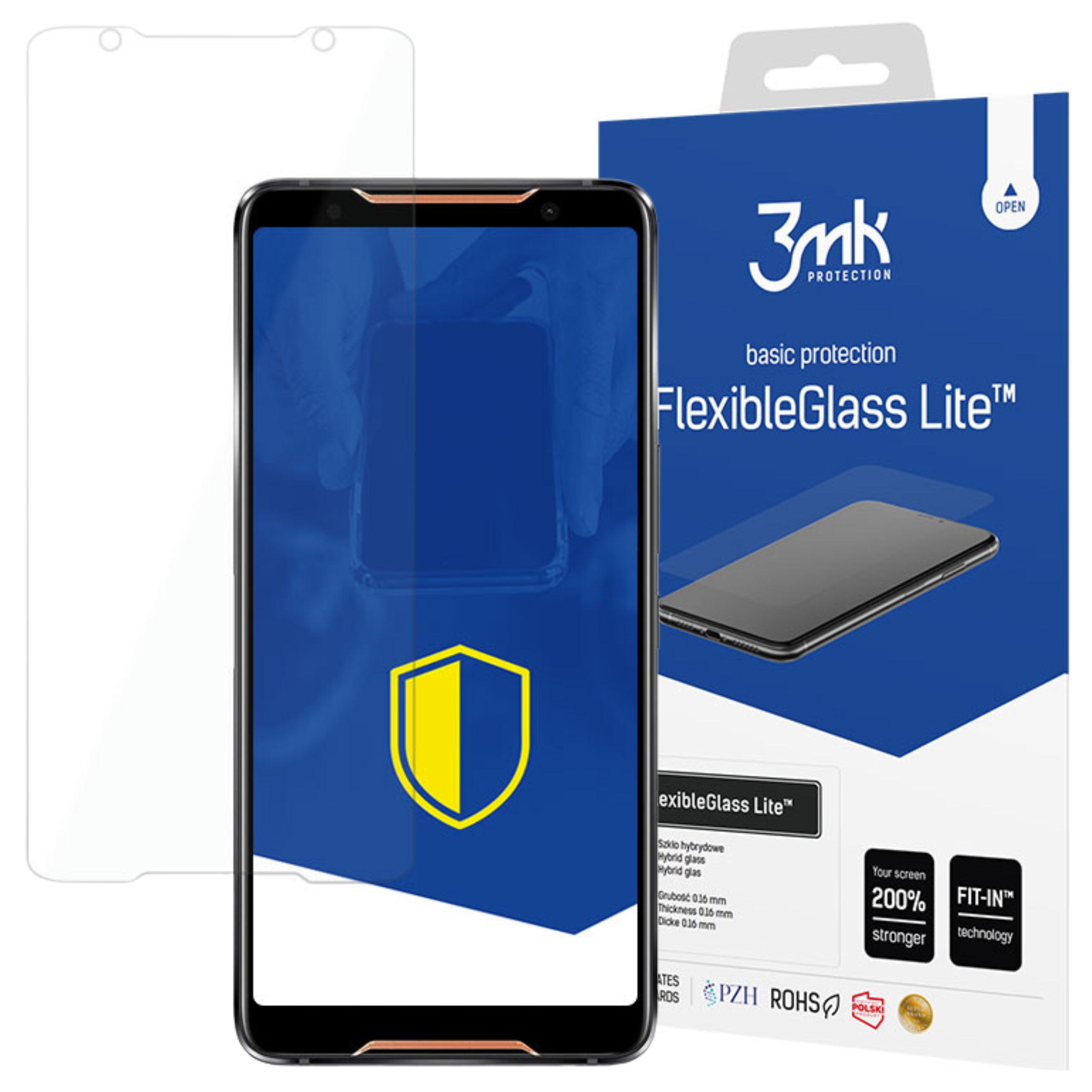 Un telefono con protezione schermo, una scatola con 'FlexibleGlass Lite' e un logo a scudo.