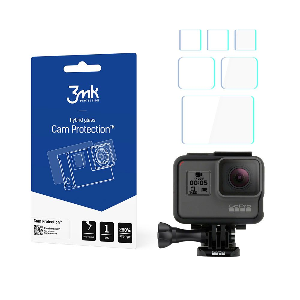 Eine GoPro-Kamera und Displayschutzfolien werden neben einer Produktverpackung mit dem Logo '3mk' und dem Text 'Cam Protection' angezeigt.