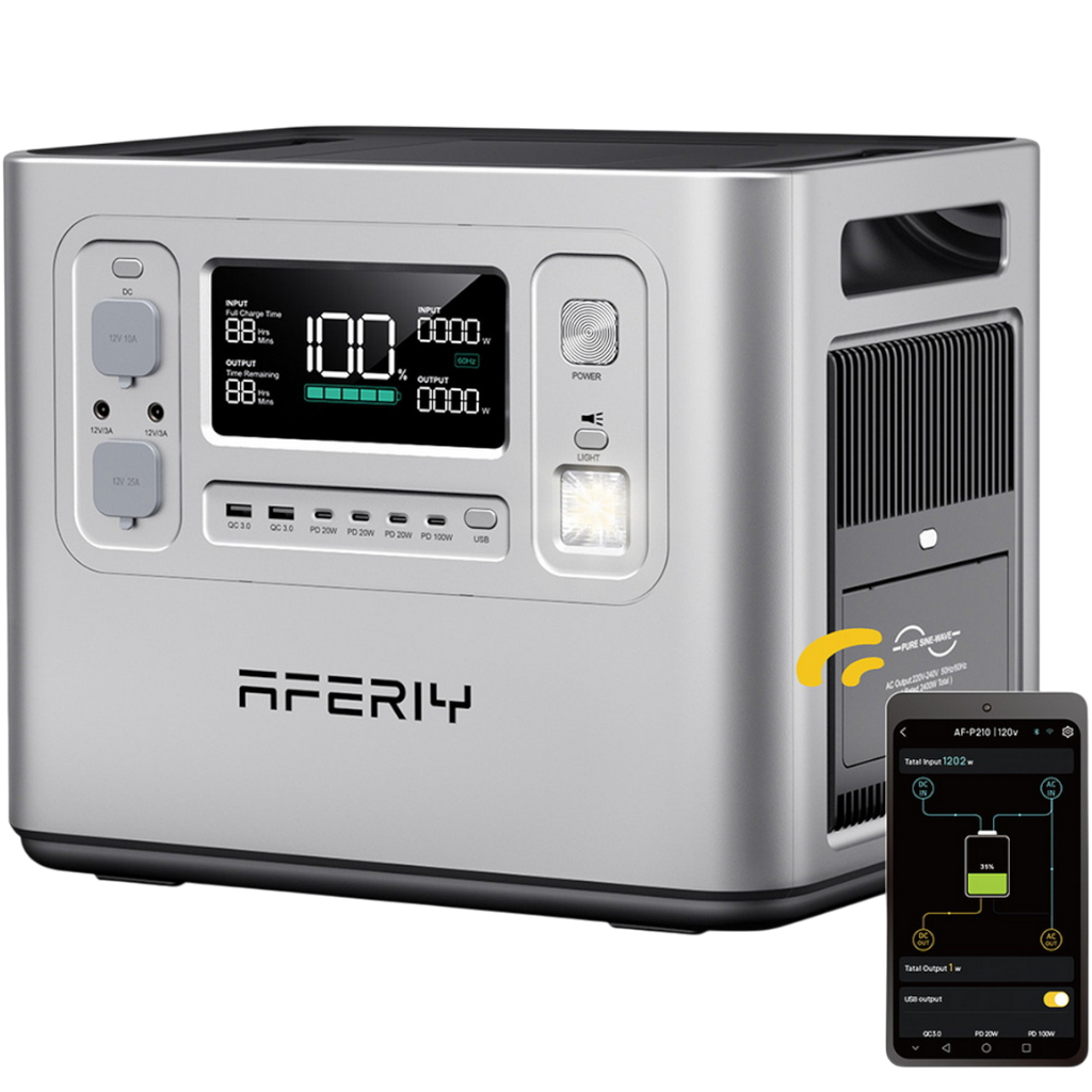 Srebrna stacja zasilania z cyfrowym wyświetlaczem pokazującym 100%. Smartfon wyświetla stan baterii. Marka to AFERIY.