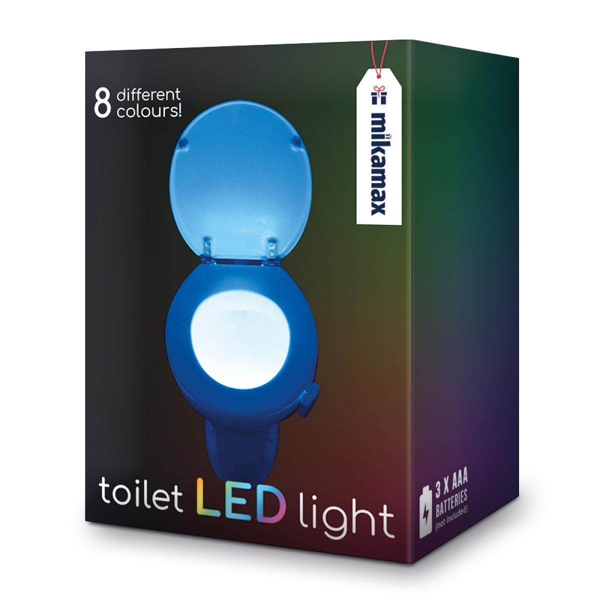Doos toont een blauw toilet-LED-licht met een open deksel. Het adverteert 8 kleuren en gebruikt 3 AAA-batterijen (niet inbegrepen).