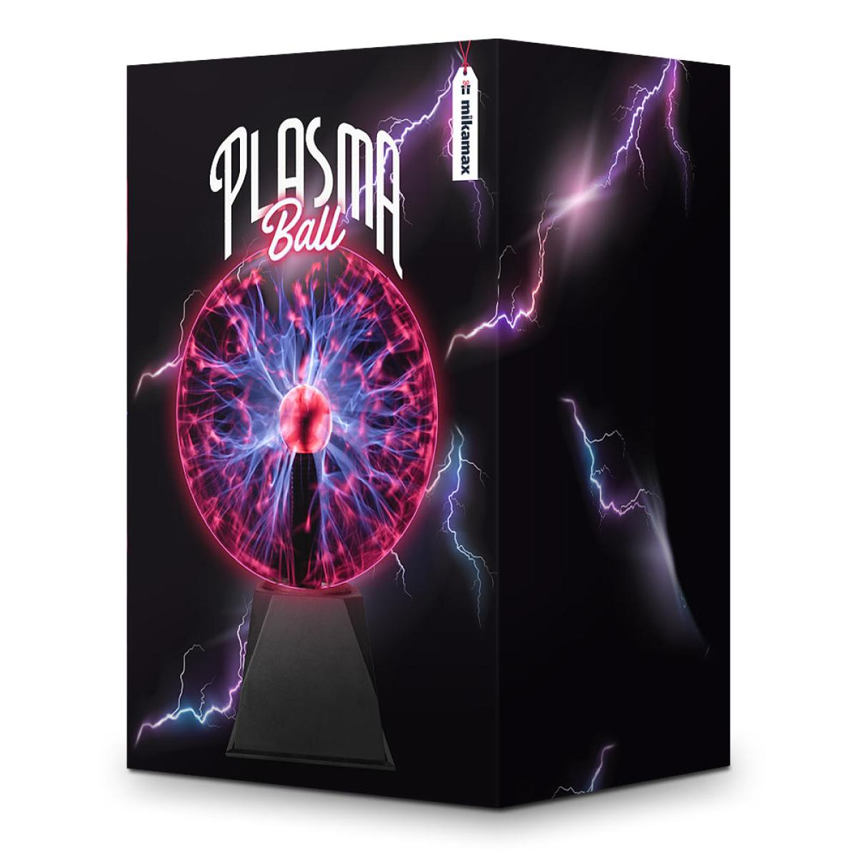 Una scatola con un'illustrazione di una palla al plasma. Ha una sfera luminosa con effetti di fulmini. La scatola è nera con il nome del marchio.