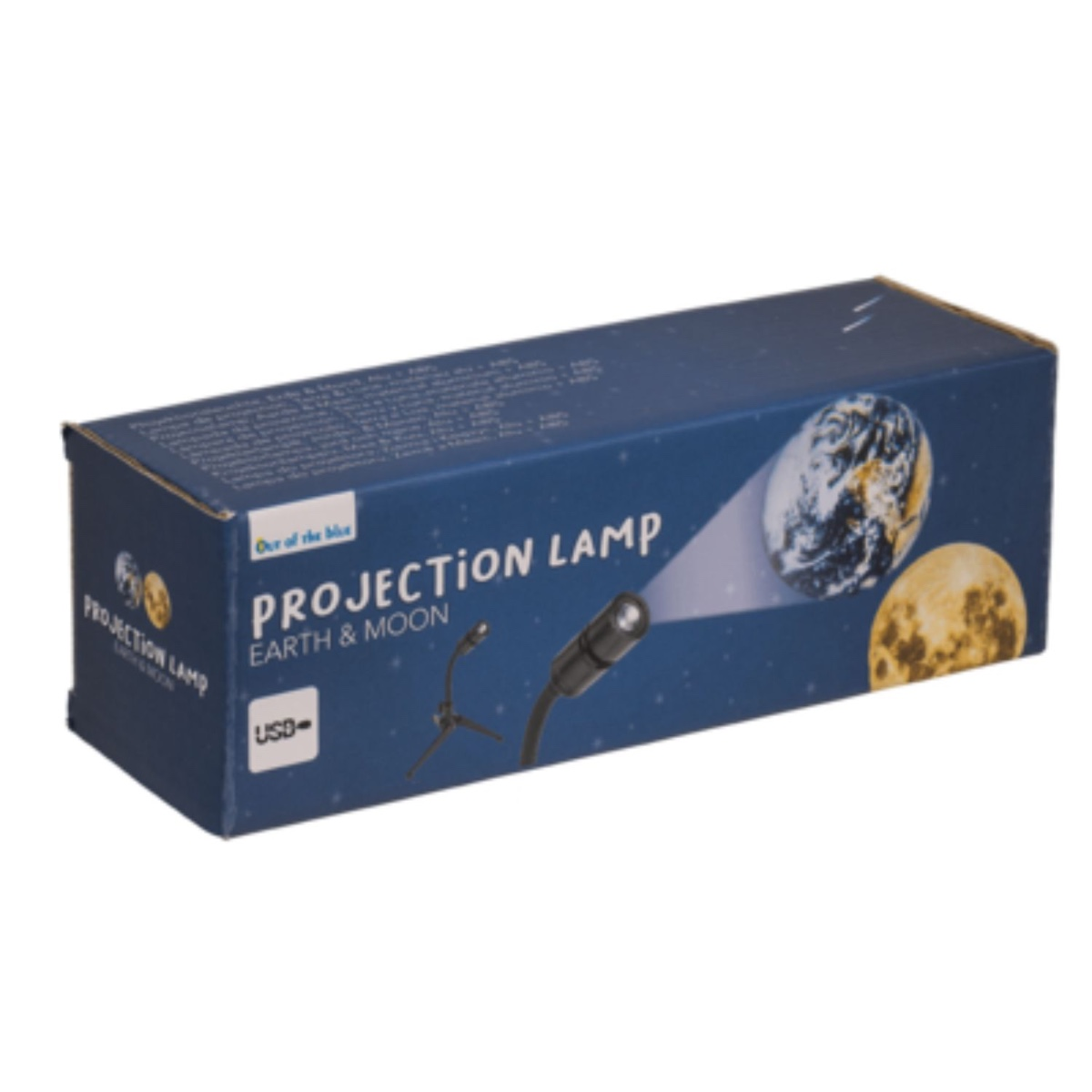 Een blauwe doos met een projectielampafbeelding. Het toont projecties van aarde en maan. De lamp is zwart met een USB-poort.