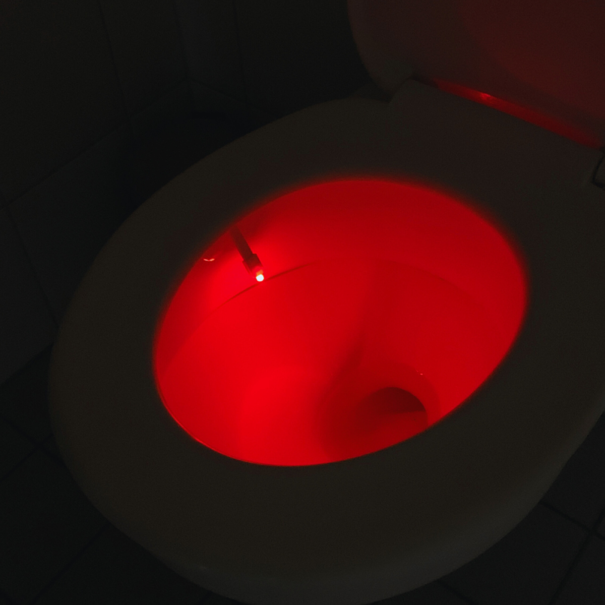 Toilet met rood licht. De bril staat omhoog. Een klein lichtje zit erin.