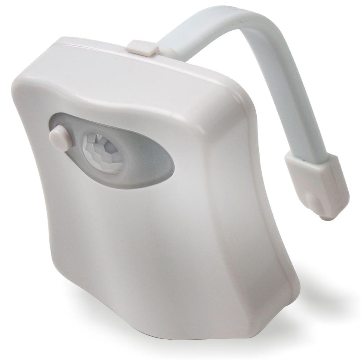 Een wit toiletpotlicht met een gebogen arm en een sensor. Het heeft een knop en een sensorsoog.