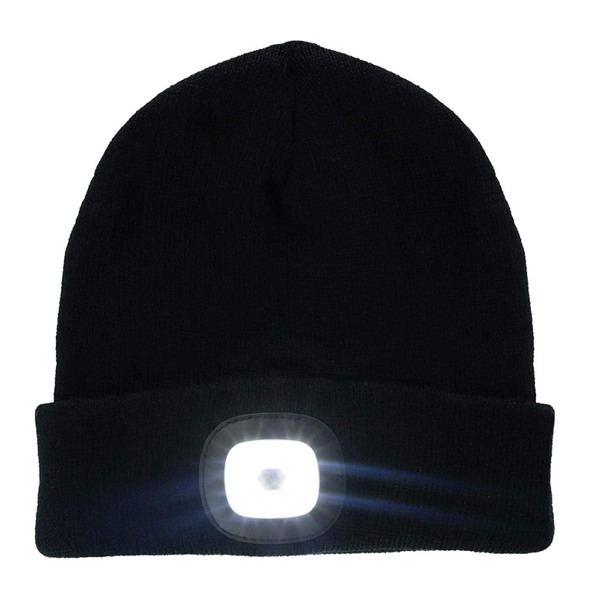 A black beanie hat with a built-in LED light. The light is rectangular and centered on the front of the hat.