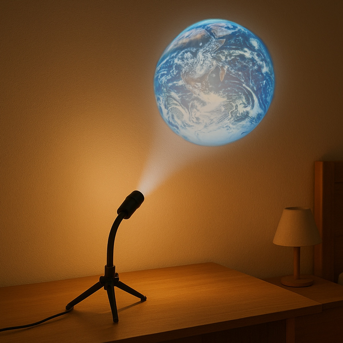 Een projector schijnt de aarde op een muur. Een lamp en een kleine tafel zijn in de scène. De projector staat op een statief.