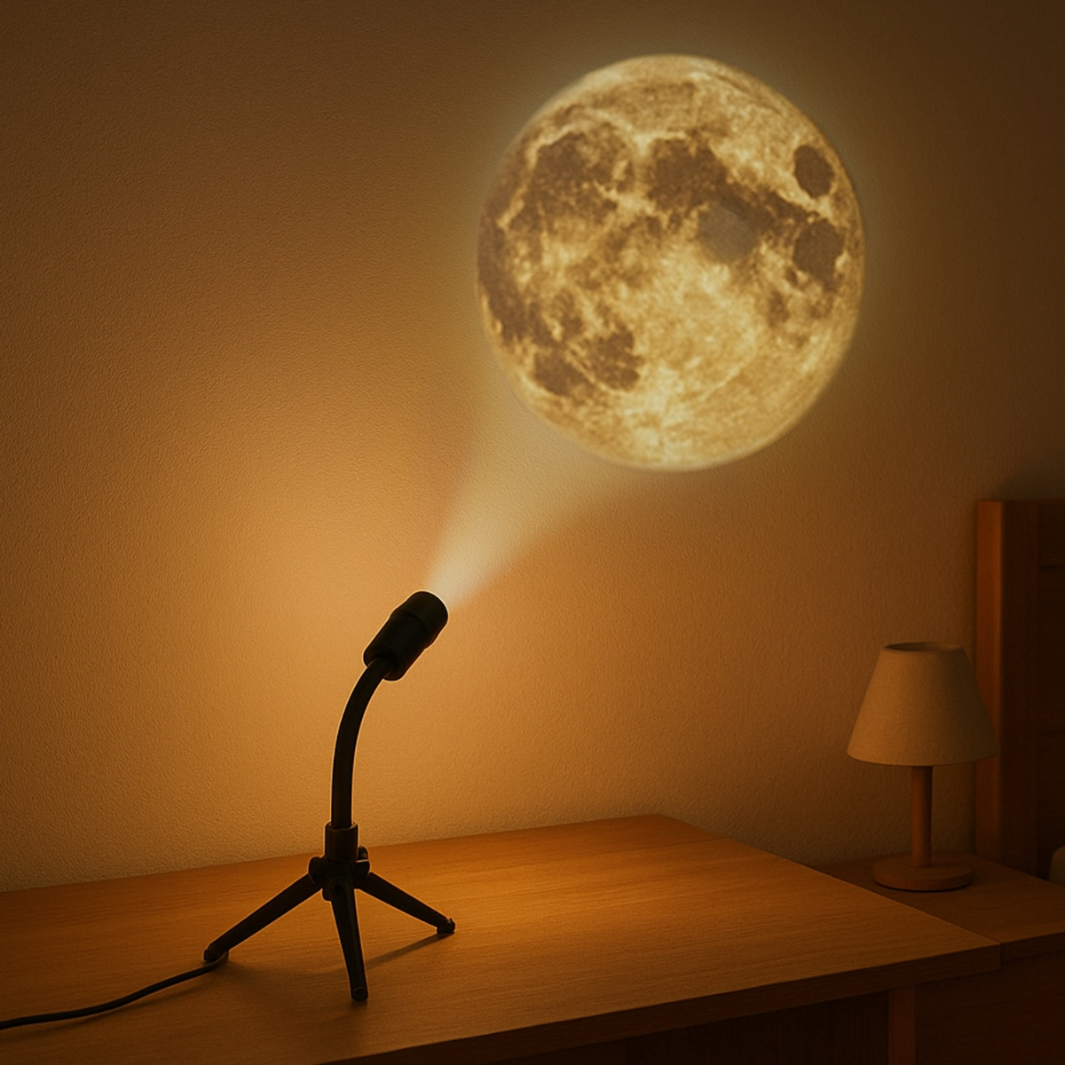 Een lamp projecteert een maan op de muur. Een kleine lamp staat op een houten tafel. De kamer is zwak verlicht.