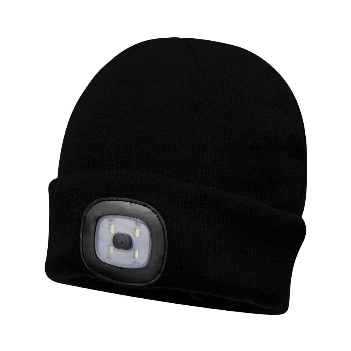 A black knit hat with a built-in LED light. The light is rectangular and centered on the brim.
