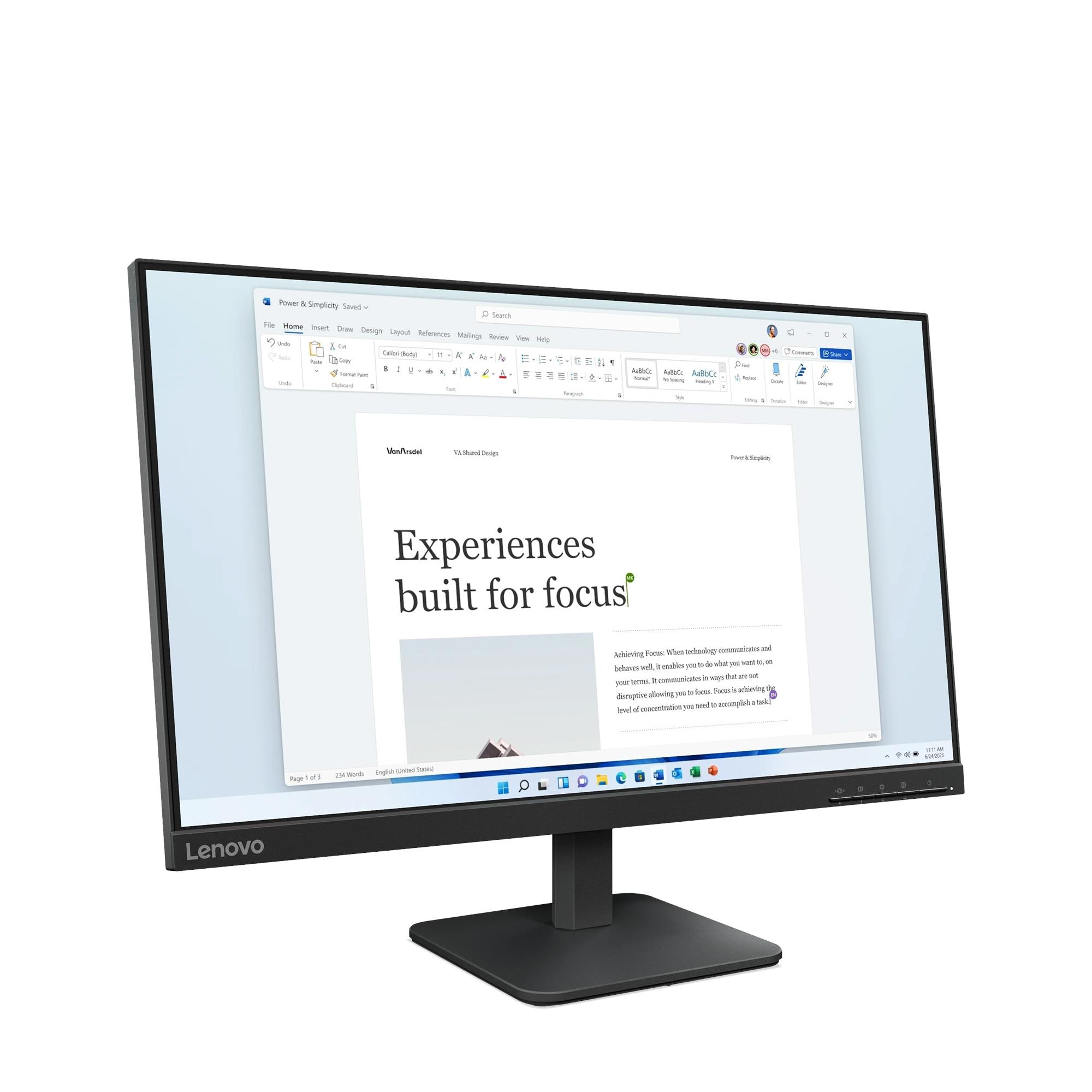 Monitor Lenovo wyświetla dokument Word. Ekran pokazuje tekst na białym tle. Monitor jest czarny.