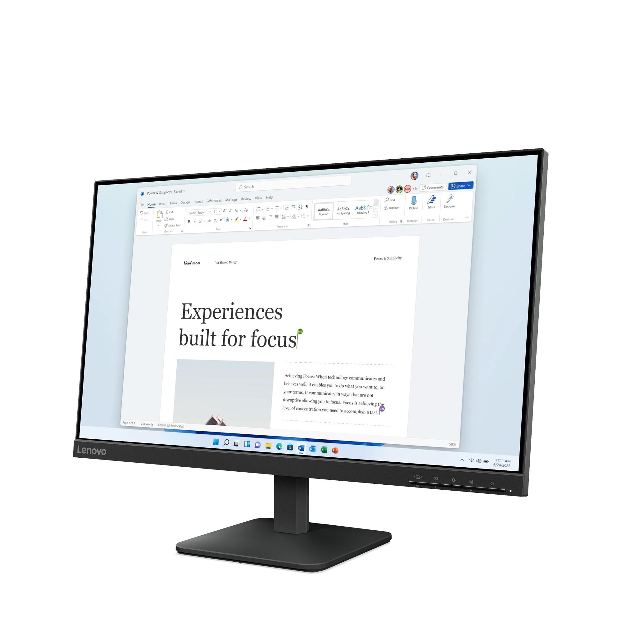 Monitor Lenovo wyświetla dokument Word z tekstem o skupieniu. Ekran pokazuje aplikację z jej ikonami.