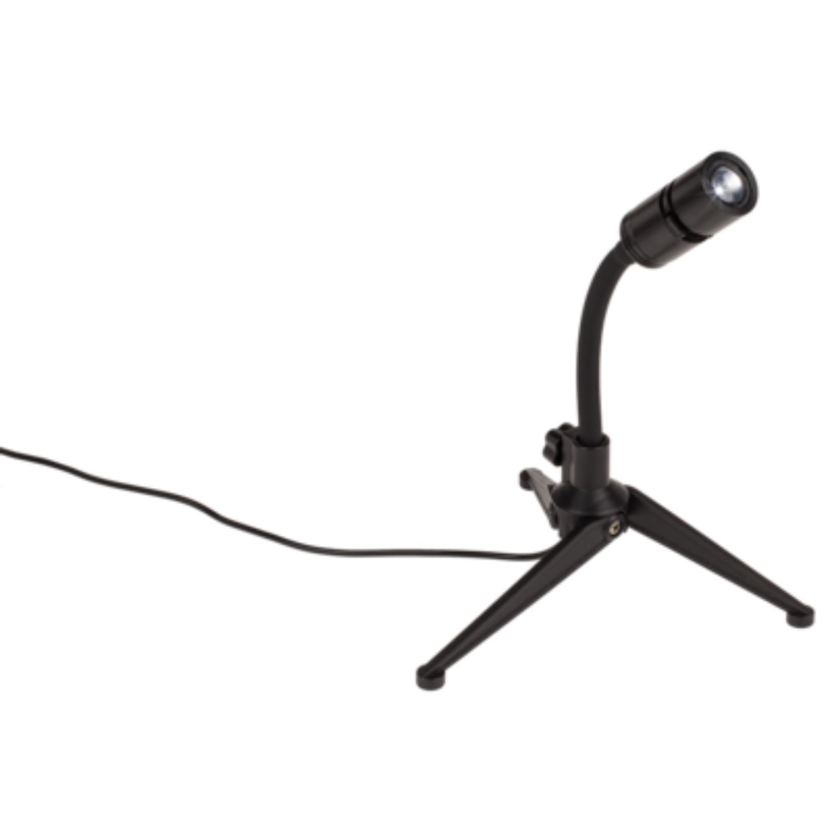 Een zwarte bureaulamp met een flexibele hals en een statiefvoet staat op een witte achtergrond. Een kabel loopt van de lamp.