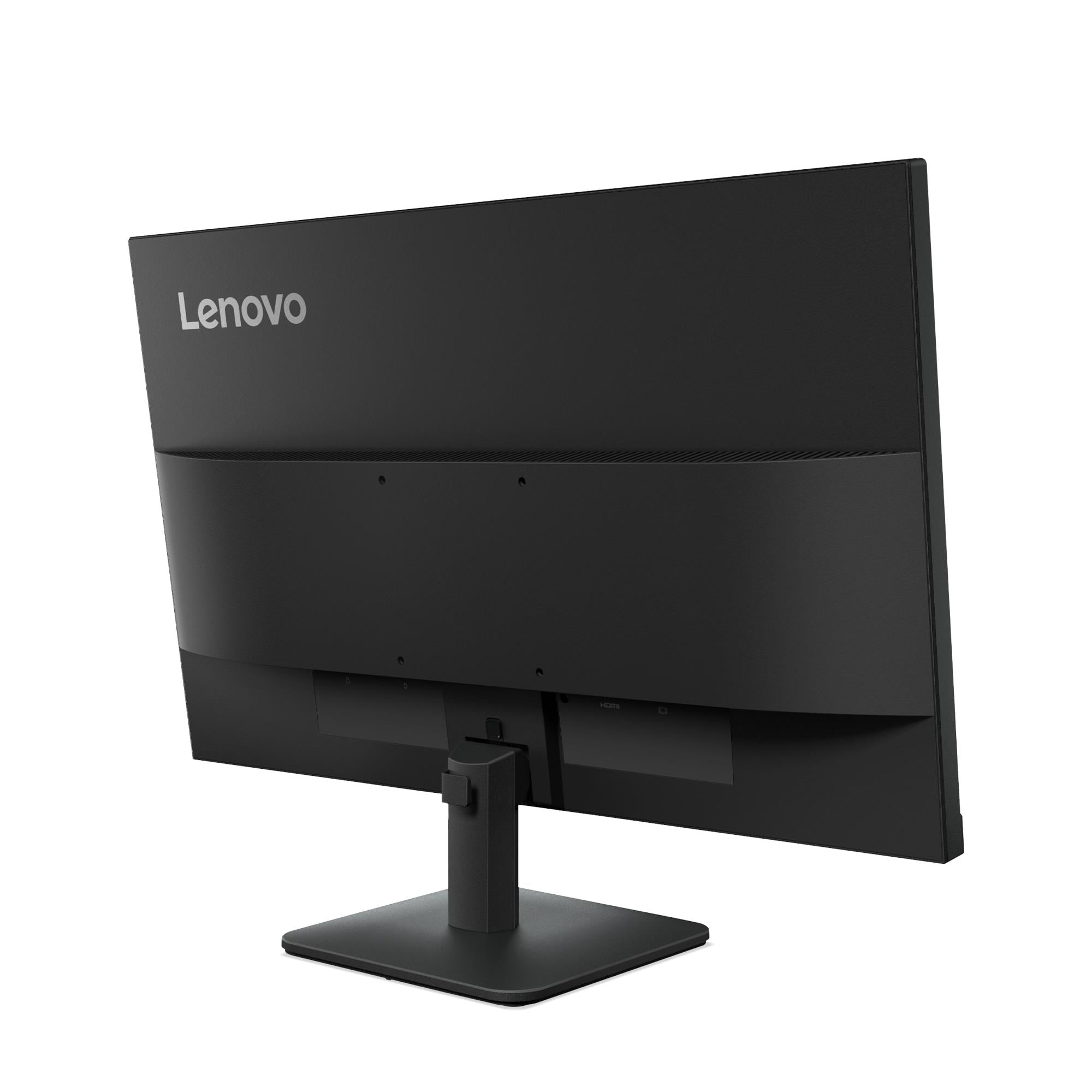 Widok z tyłu czarnego monitora Lenovo na białym tle. Ma czarną podstawę i logo Lenovo.