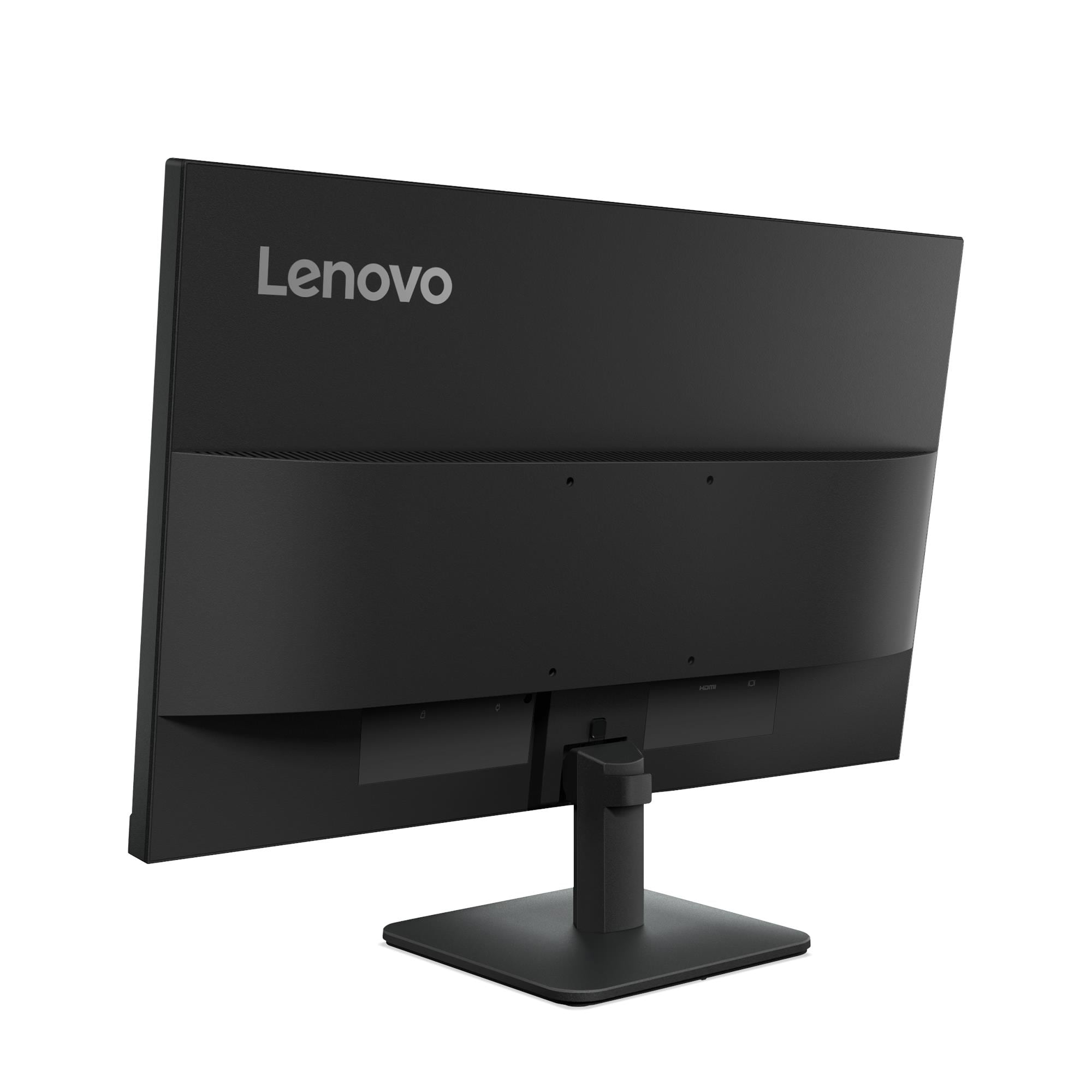 Widok z tyłu czarnego monitora Lenovo na białym tle. Widoczny jest stojak i porty.