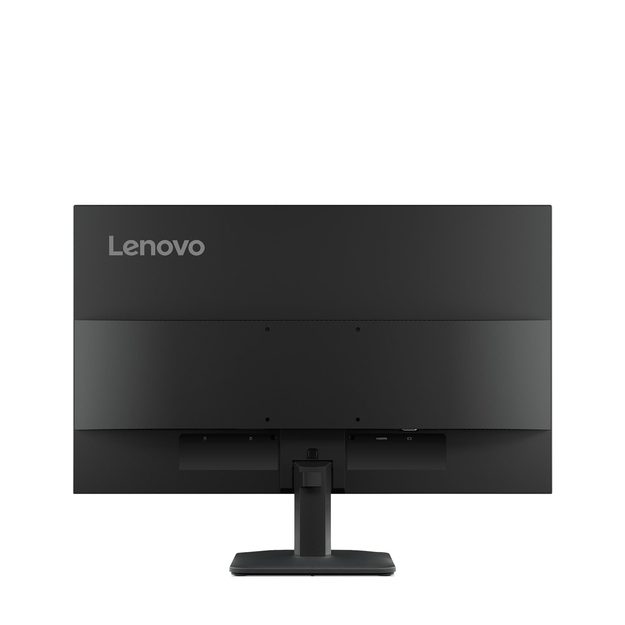Tył czarnego monitora Lenovo na białym tle. Ma logo Lenovo.