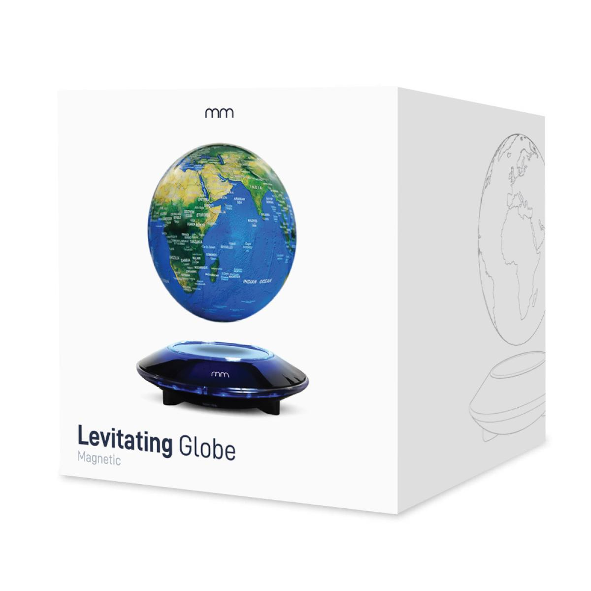Een zwevende wereldbol, met de bol die boven een basis zweeft. De doos heeft een tekening van een wereldbol en de woorden 'Levitating Globe'.