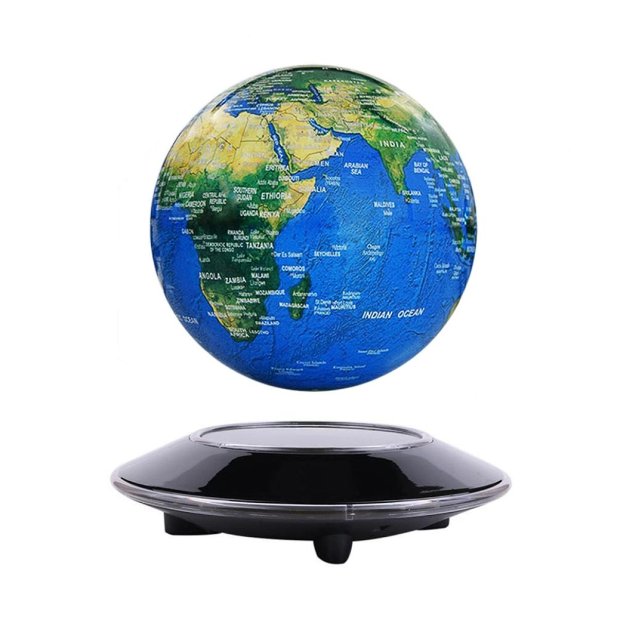 Een zwevende wereldbol met continenten en oceanen, zwevend boven een zwarte, schotelvormige basis. Labels zijn zichtbaar.