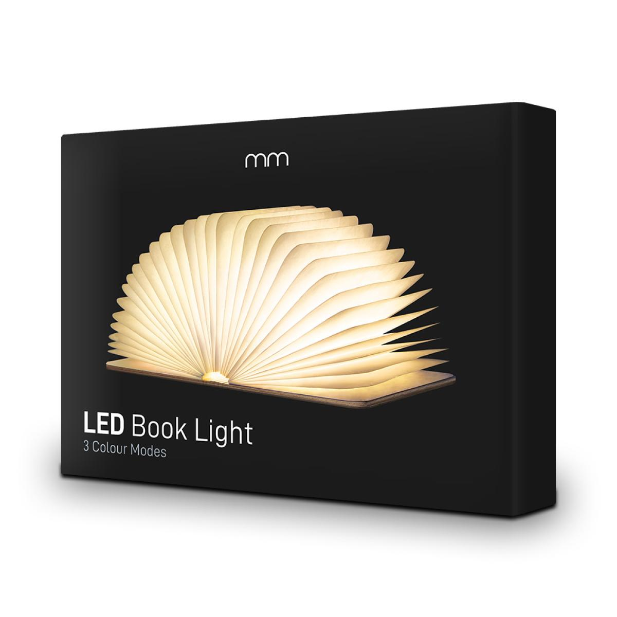 Een zwarte doos toont een verlichte LED-boeklamp. De pagina's van het boek zijn open en stralen warm. De tekst luidt 'LED Book Light'.
